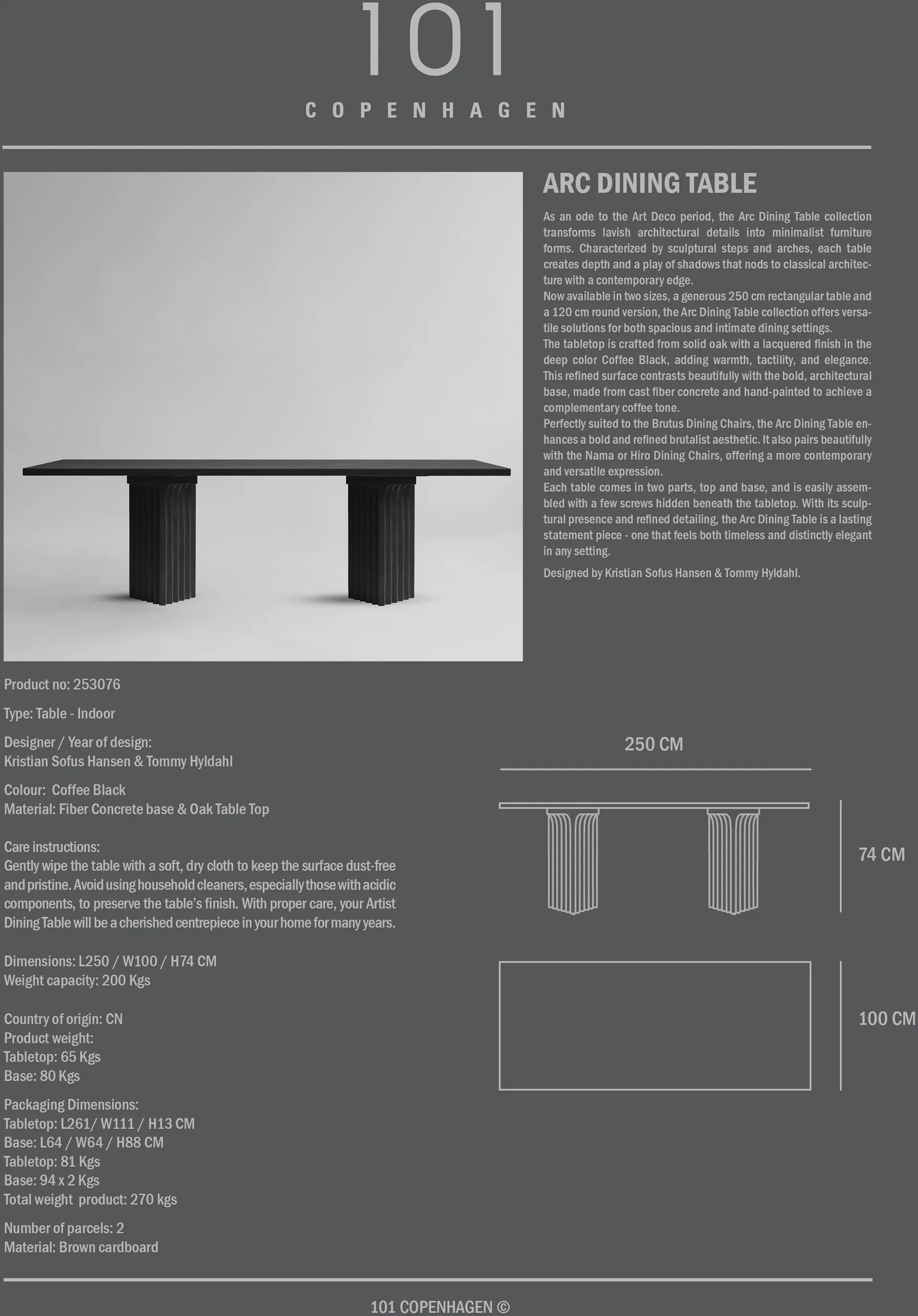 Arc eettafel 95x250 cm, Coffee black eikenhout 101 Copenhagen