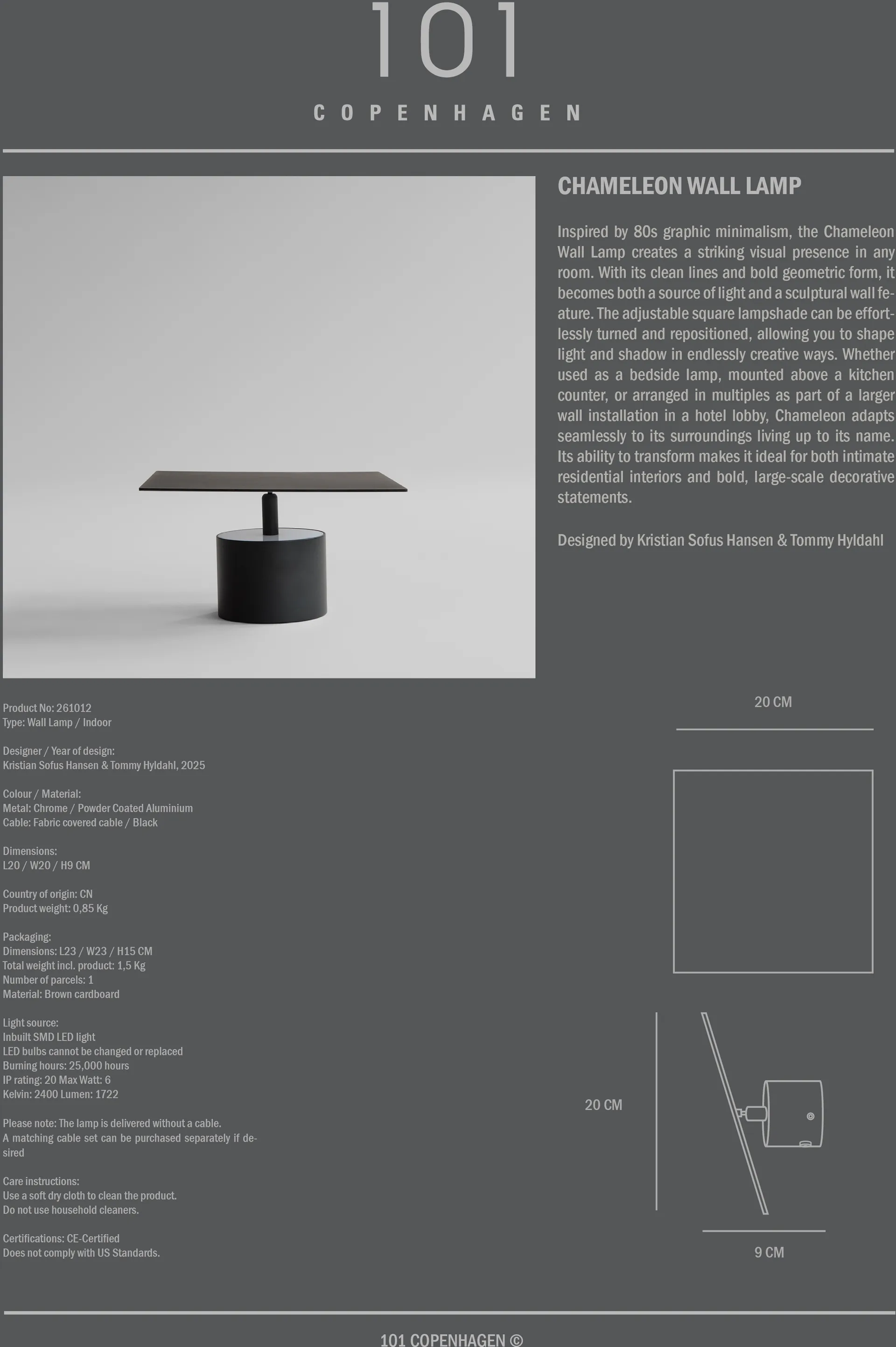 Chameleon wandlamp, Burned Black 101 Copenhagen