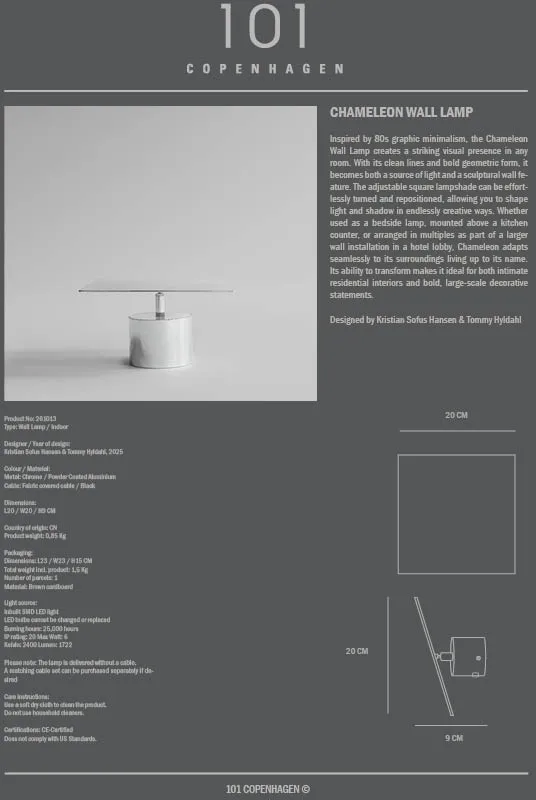 Chameleon wandlamp, Chrome 101 Copenhagen