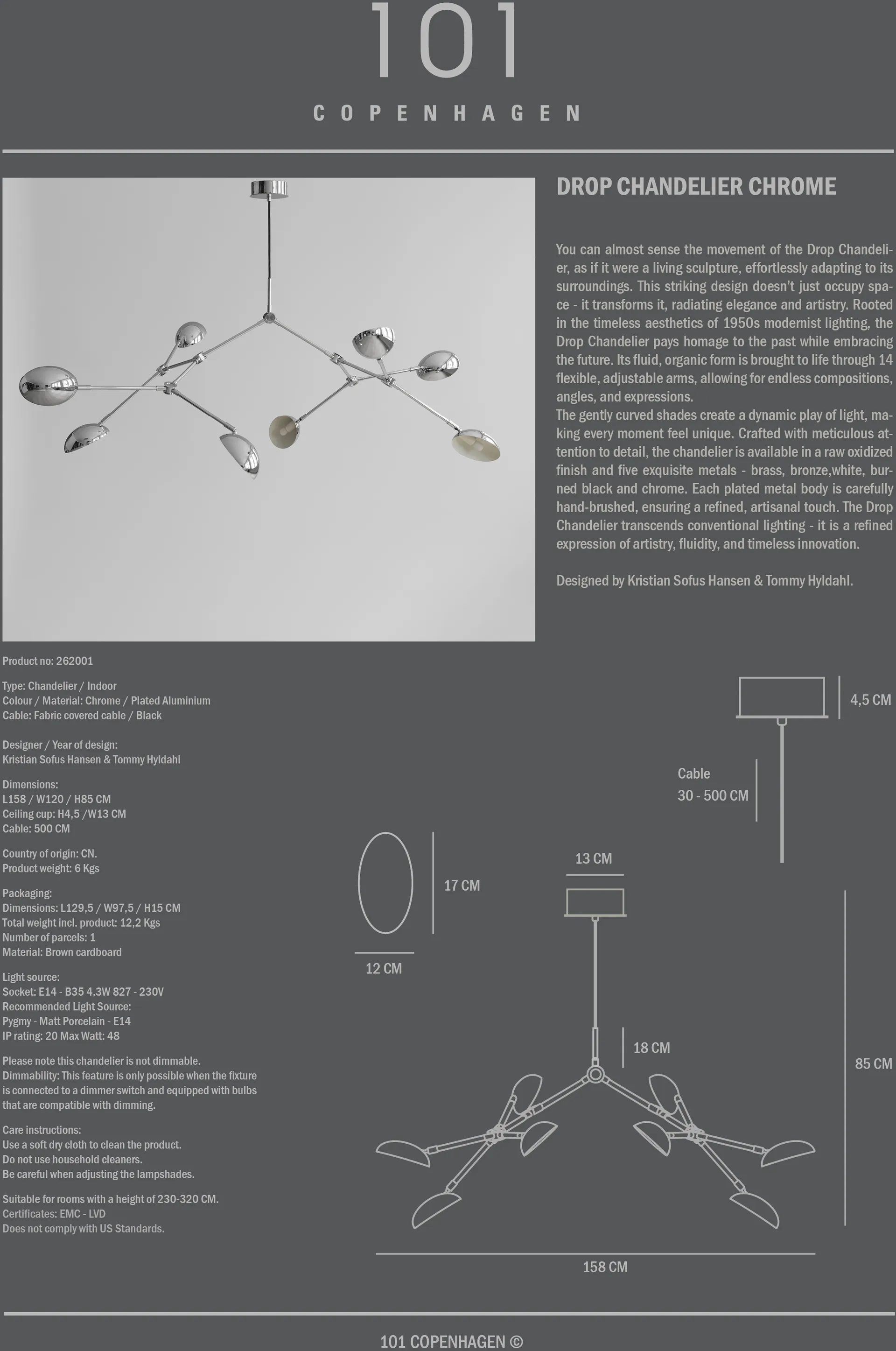 Drop Chandelier kroonluchter, Chrome 101 Copenhagen