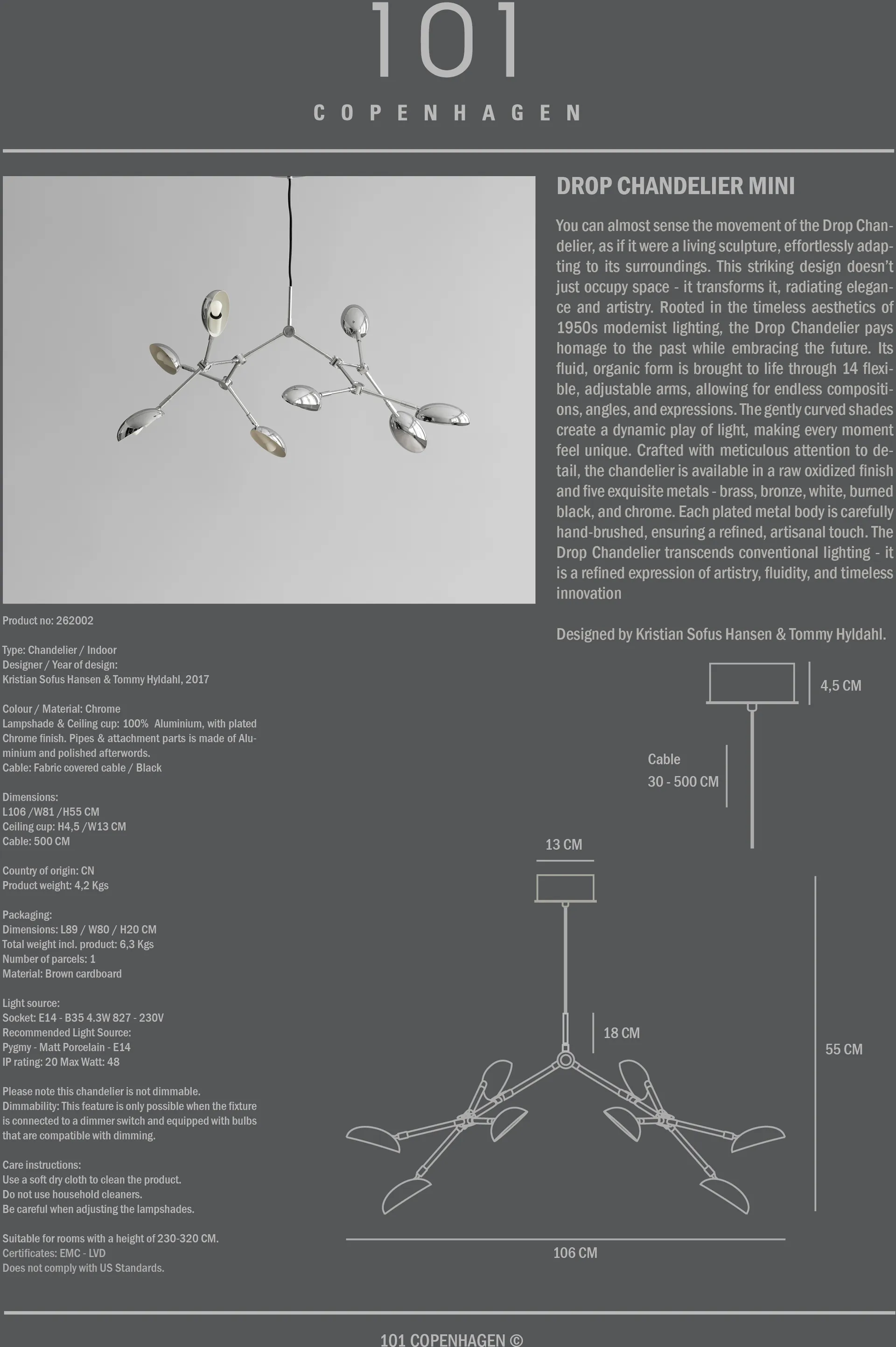 Drop Chandelier kroonluchter mini, Chrome 101 Copenhagen