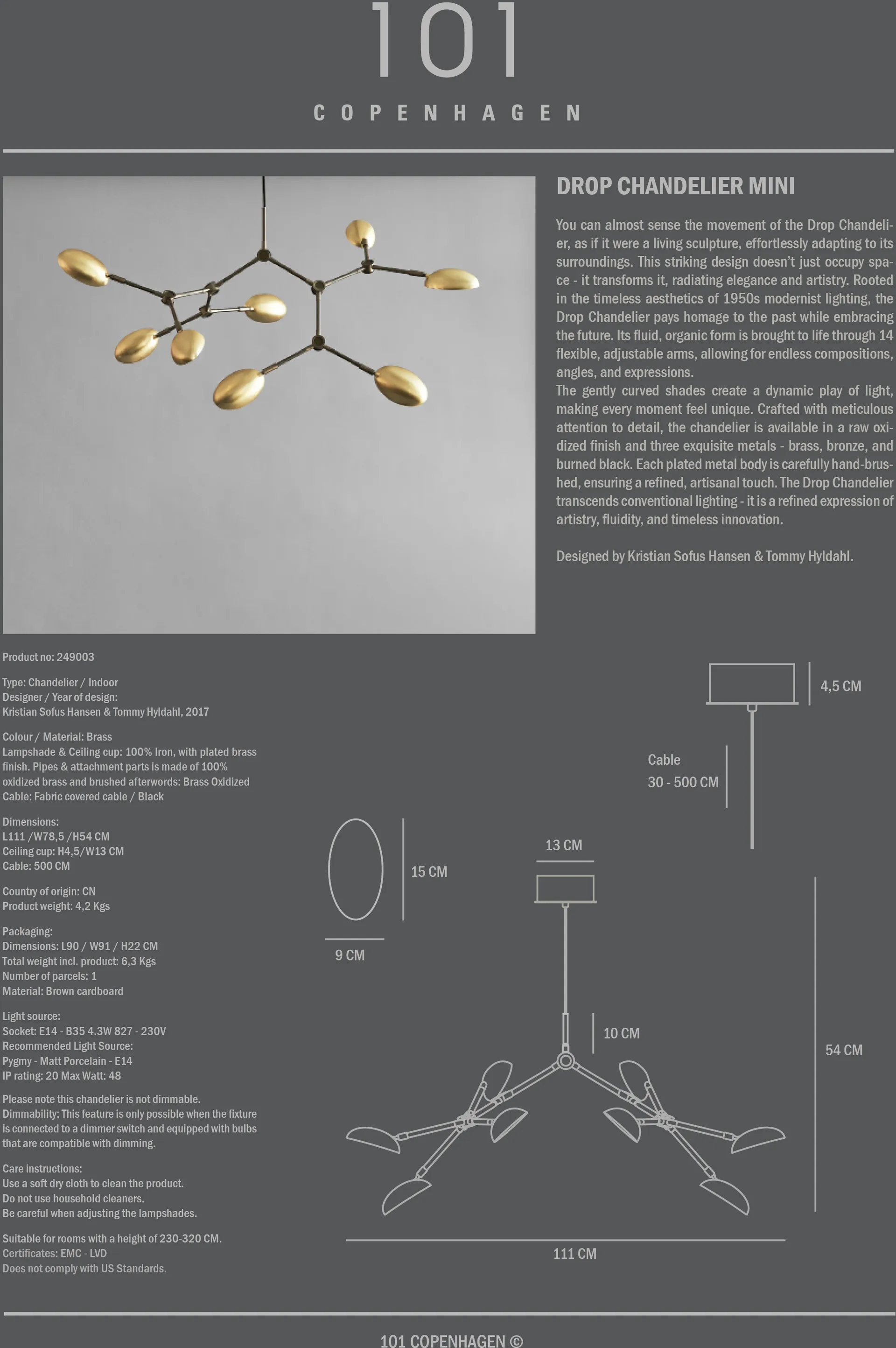 Drop Chandelier kroonluchter mini, Messing 101 Copenhagen