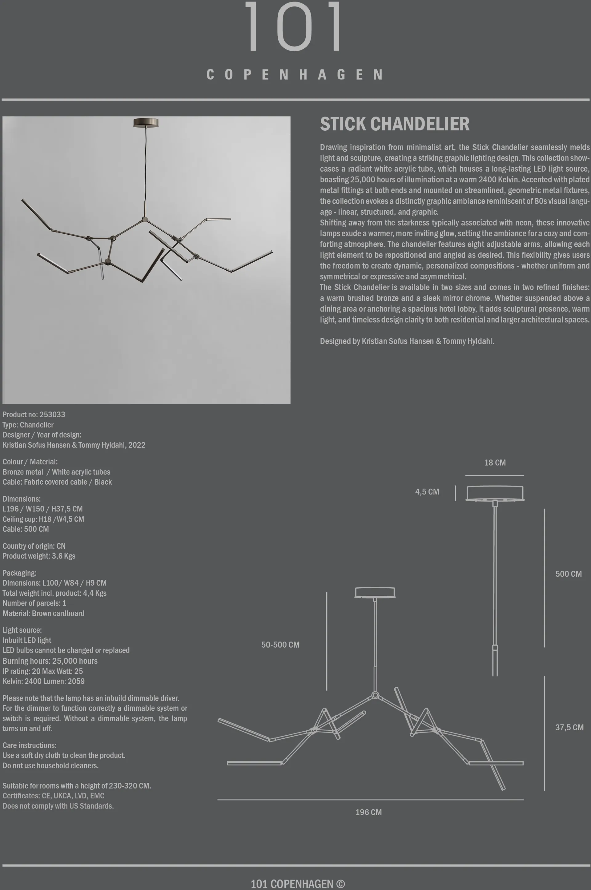 Stick chandelier kroonlamp, Brons 101 Copenhagen