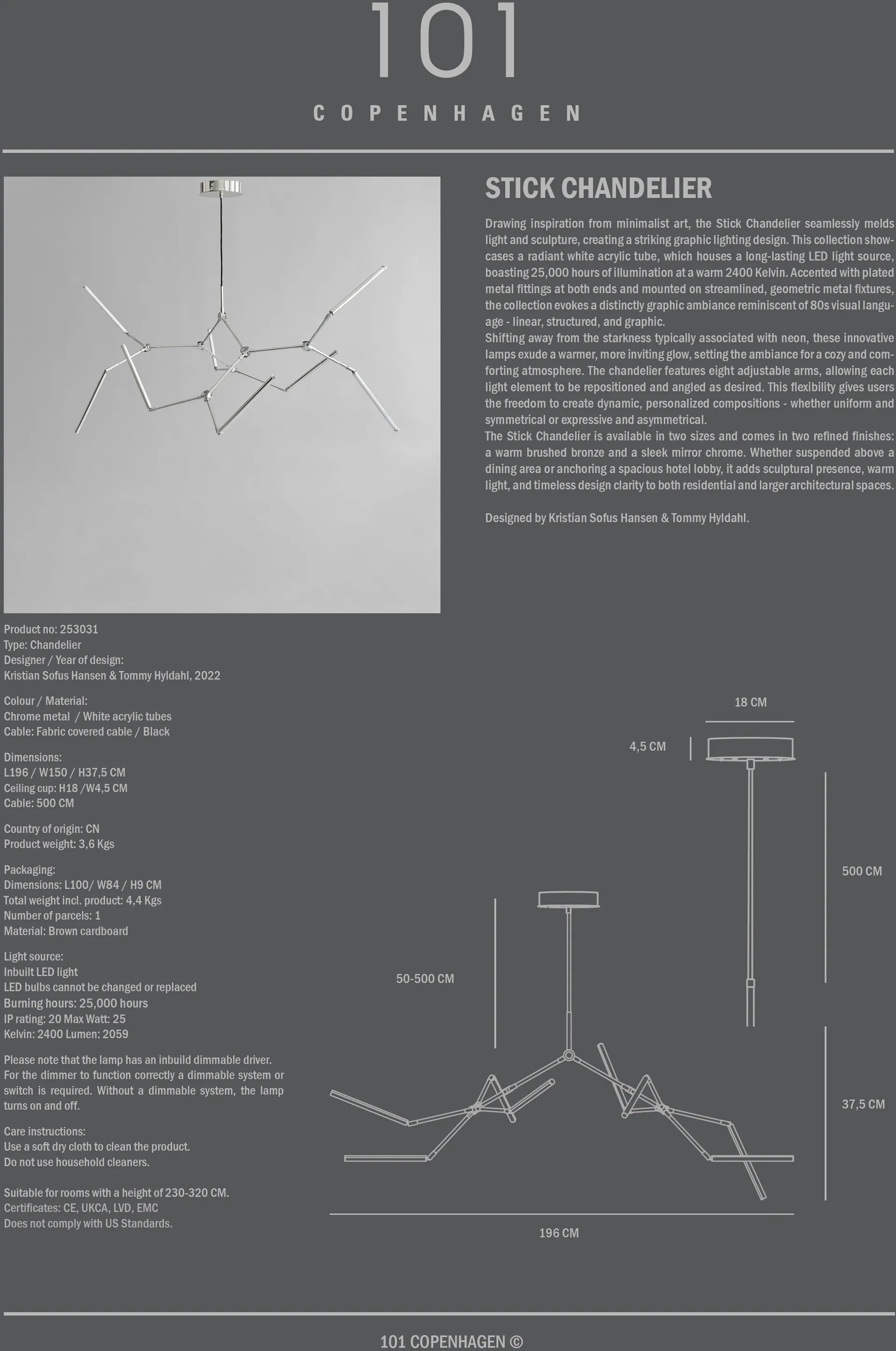 Stick chandelier kroonlamp, Chrome 101 Copenhagen