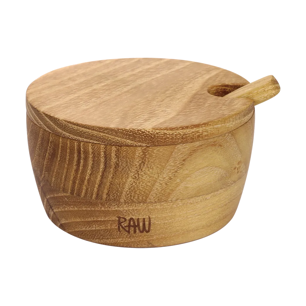 Raw zoutkom inclusief lepel en deksel, Teak Aida