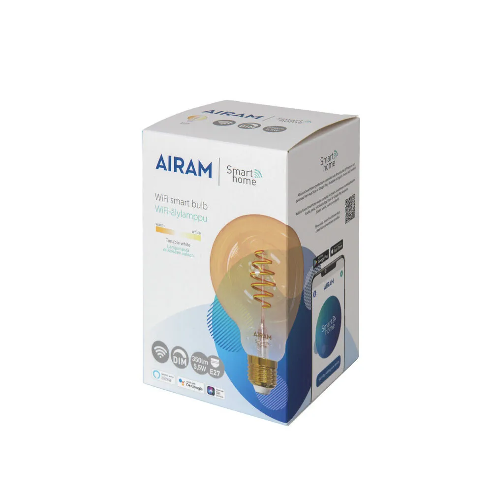 Airam Slimme Thuis Filament LED-globe lichtbron, amber, 95mm, spiraal e27, 6w Airam