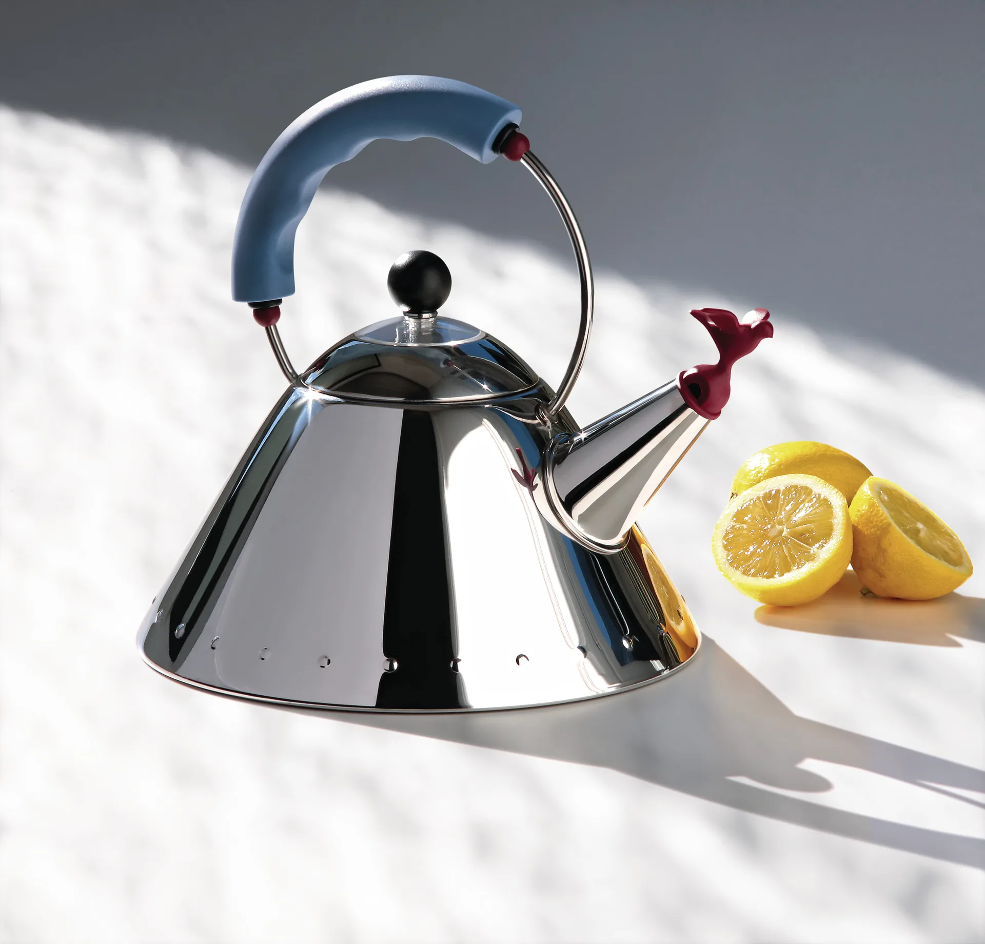 Alessi 9093 fluitketel, Lichtblauw-vogel Alessi