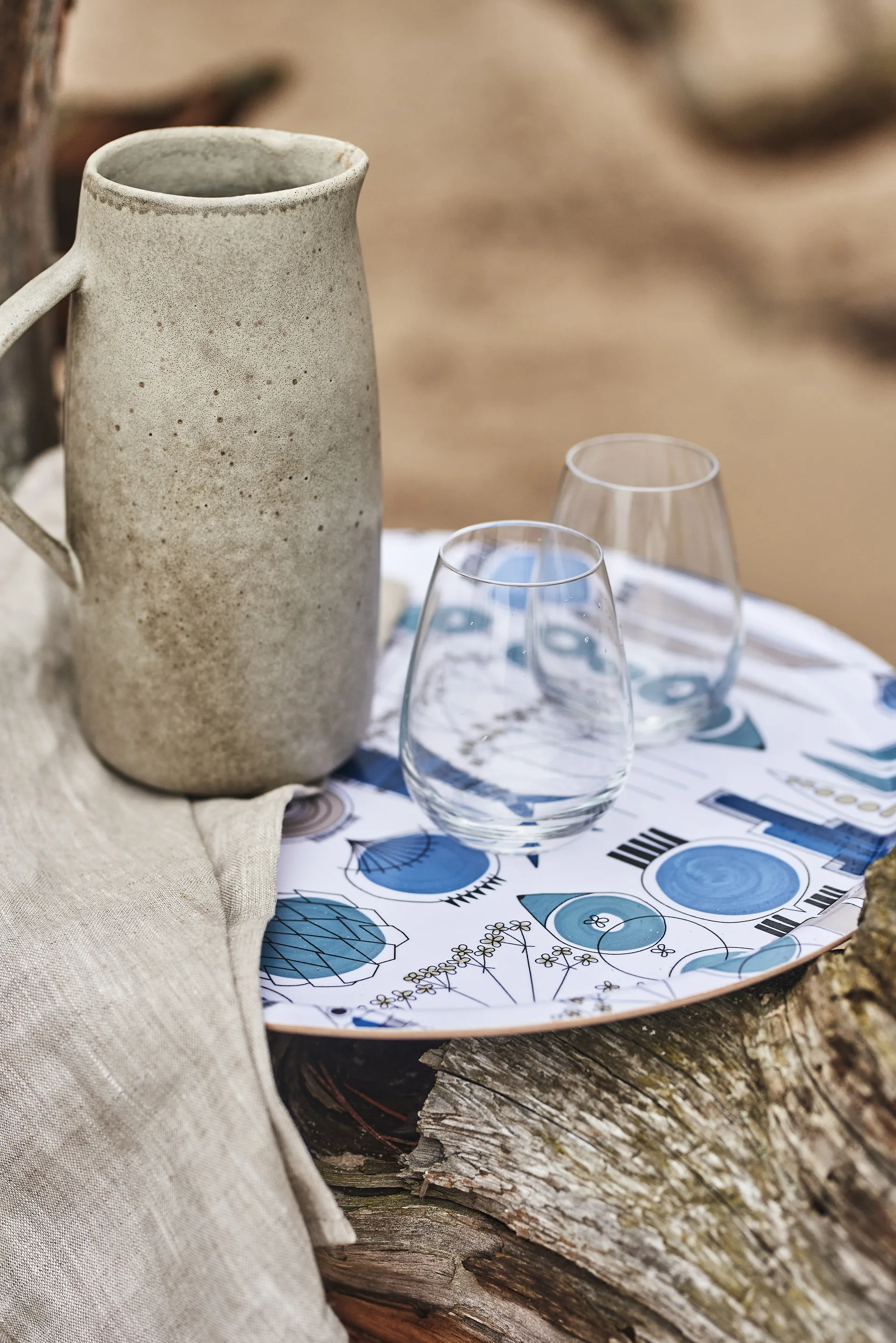 Picknick dienblad Ø38 cm, Blauw-beige Almedahls