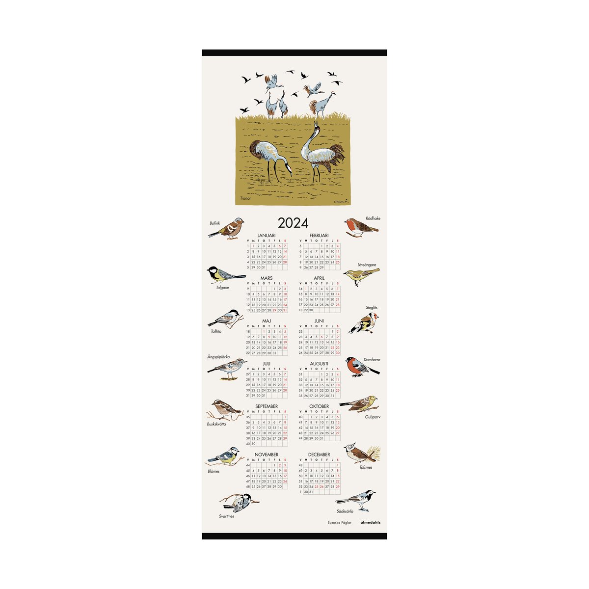 Almedahls Zweedse vogels kalender 2024 35x90 cm | Scandinavisch Interieur | Kalenders & notitieboeken | Multi