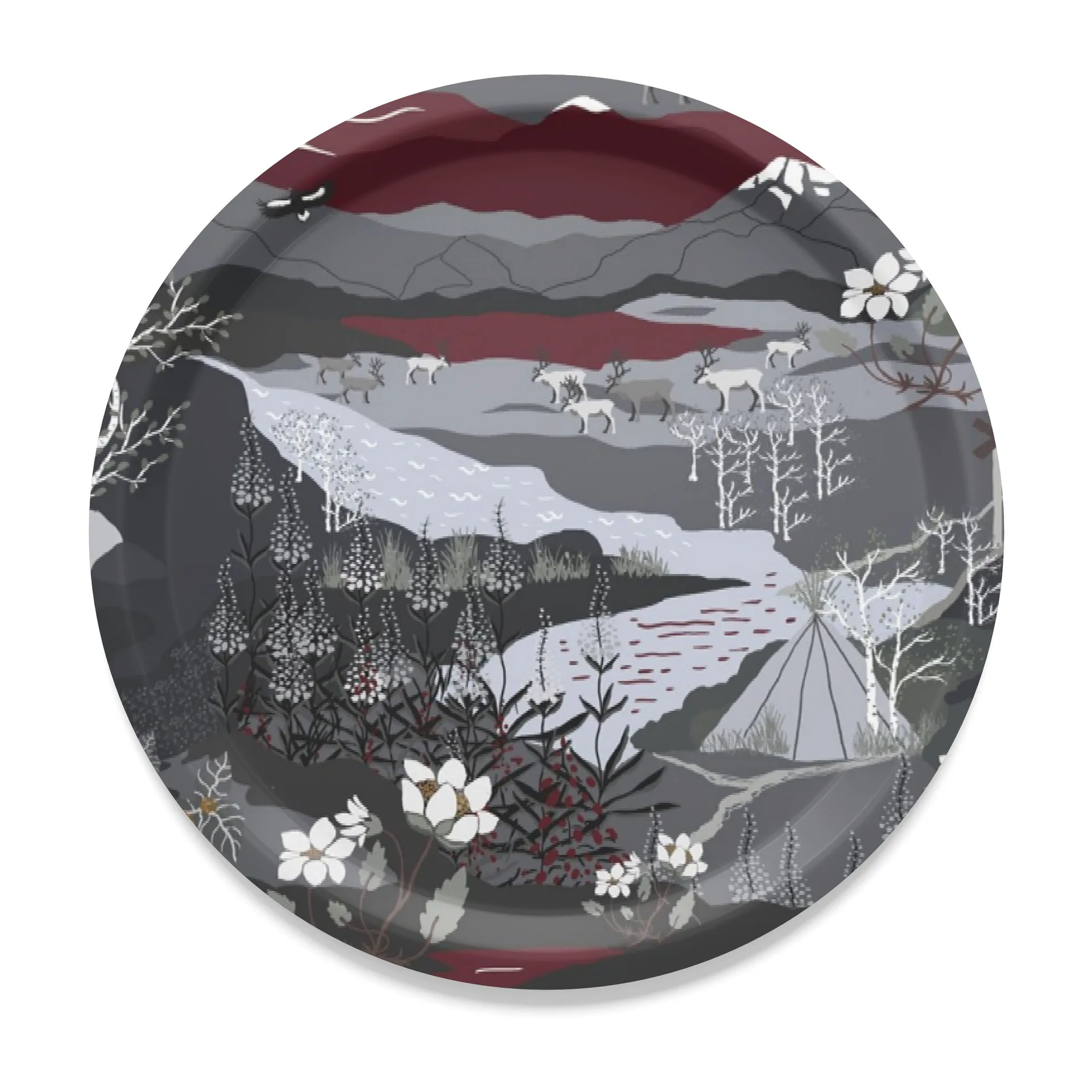 Fjällvandring dienblad Ø31 cm, Grijs-wijnrood Arvidssons Textil