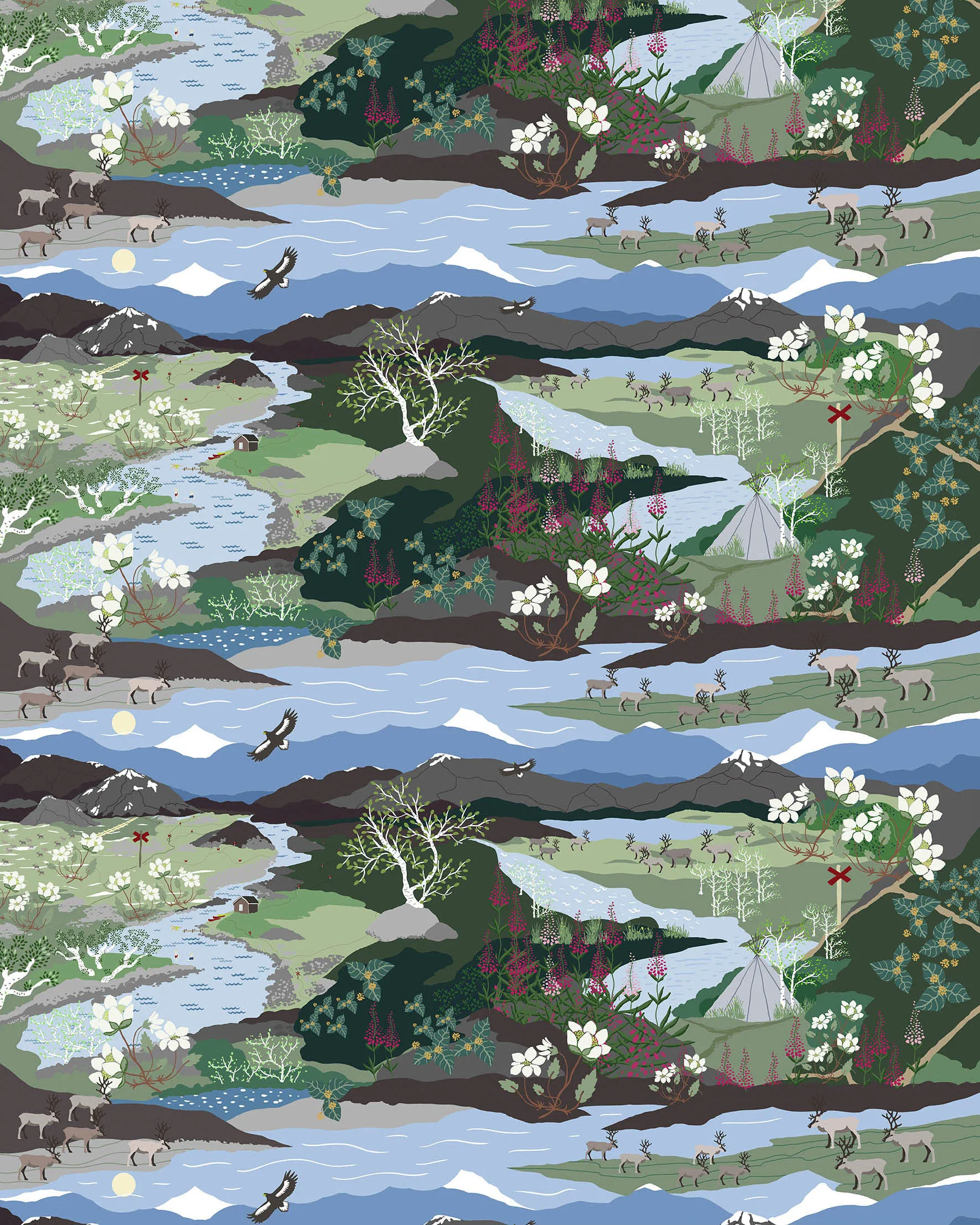 Fjällvandring stof, Blauw-groen Arvidssons Textil