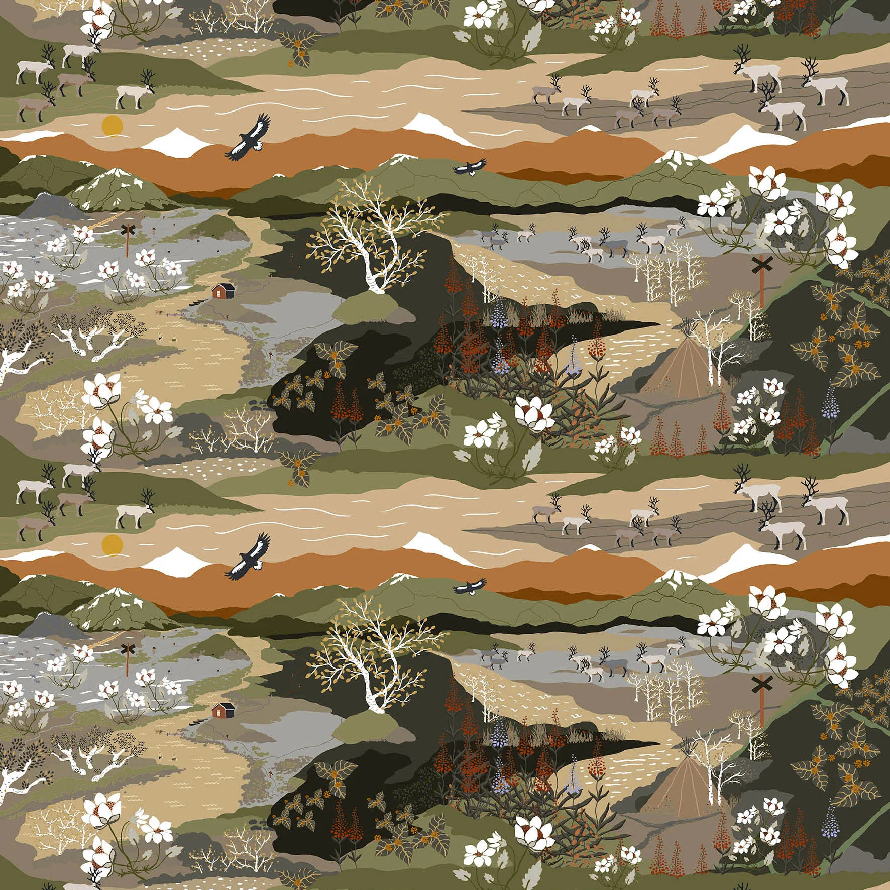 Fjällvandring stof, Groen-roestkleur Arvidssons Textil