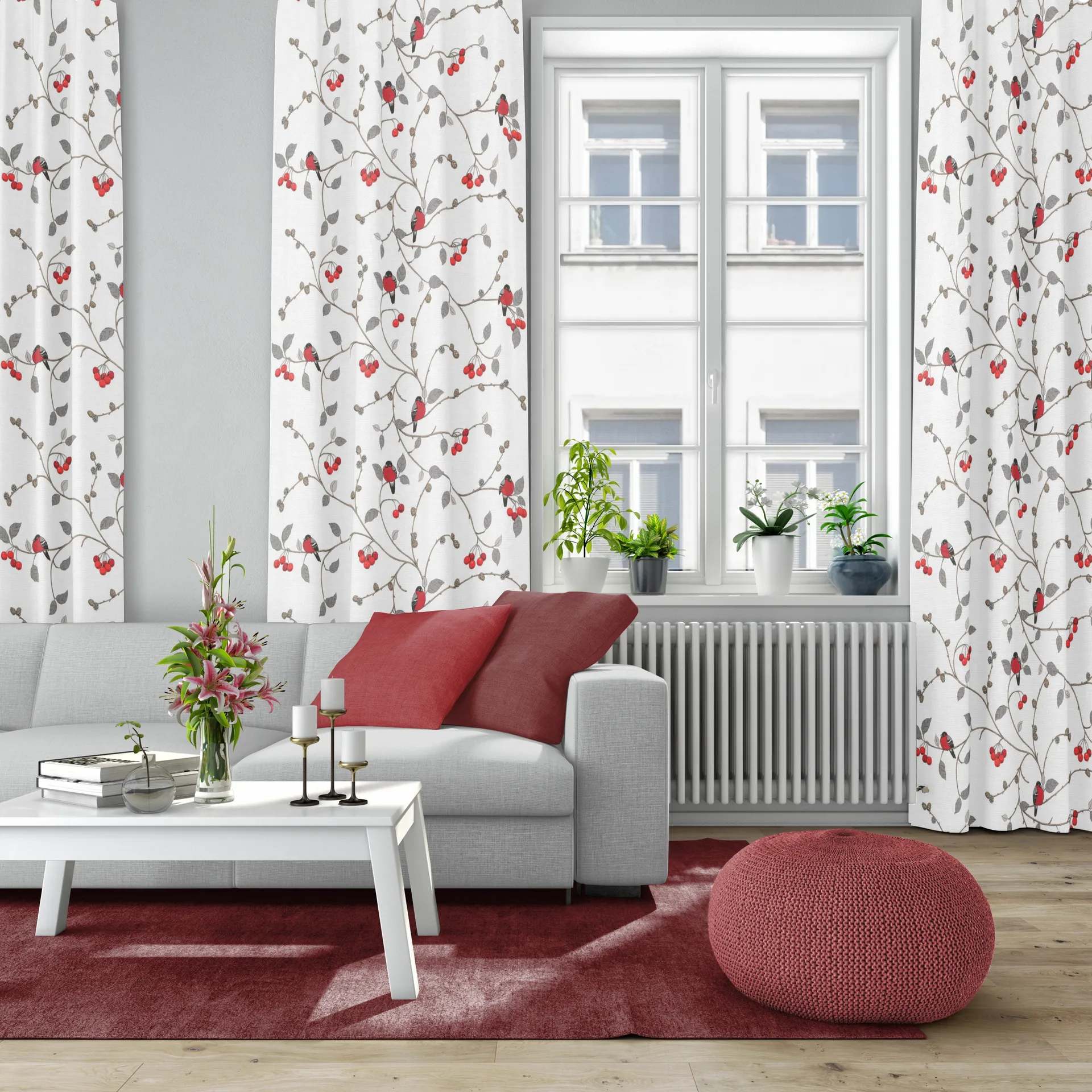 Paradisäpplen stof, Offwhite-grijs-rood Arvidssons Textil
