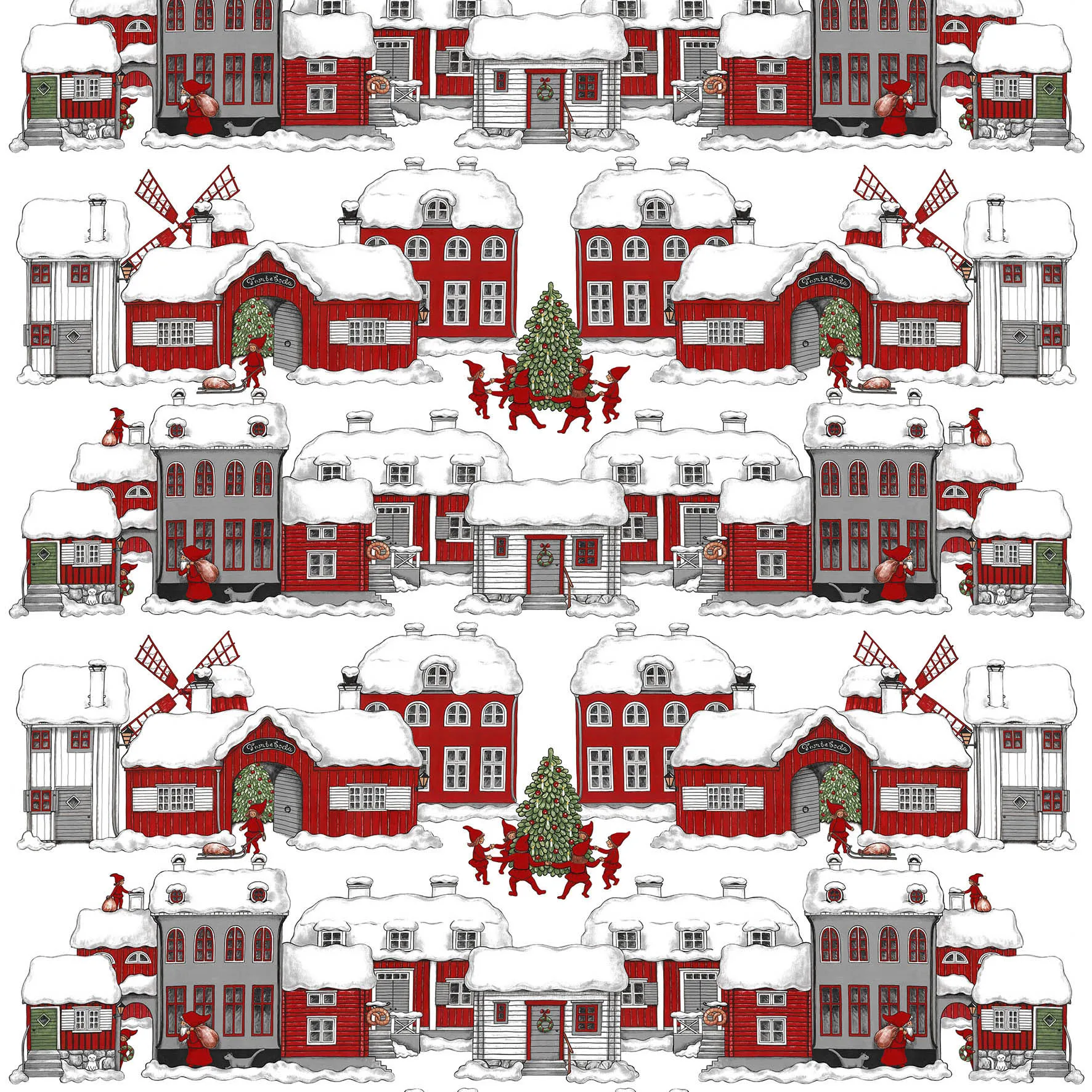 Tomteboda stof, Off white-rood Arvidssons Textil