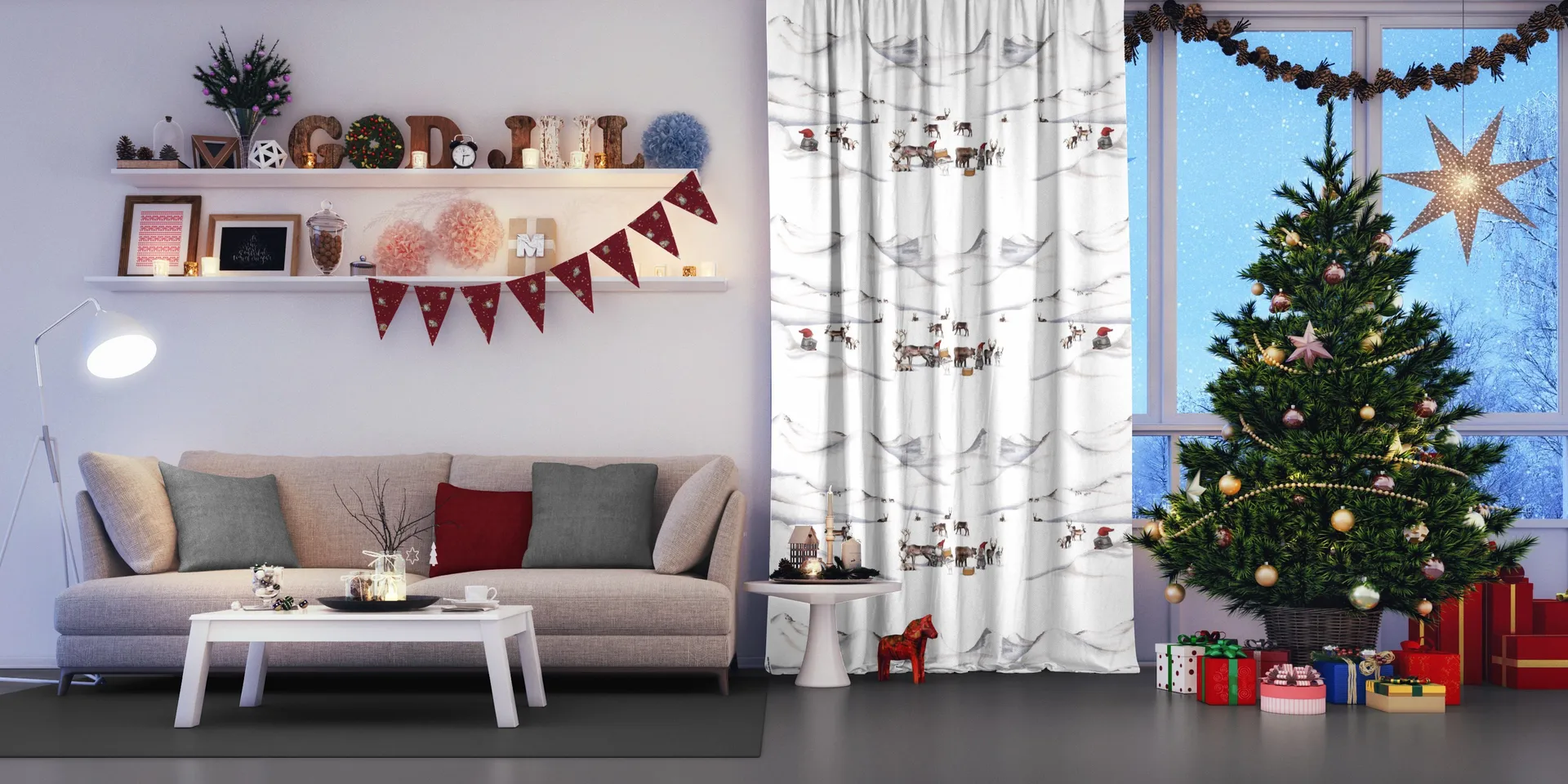 Tomteland stof, Offwhite-grijs Arvidssons Textil