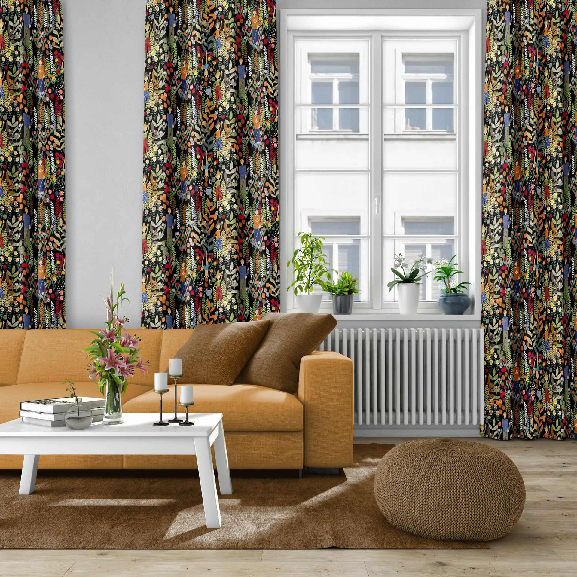 Trädgård stof, Zwart-multi Arvidssons Textil