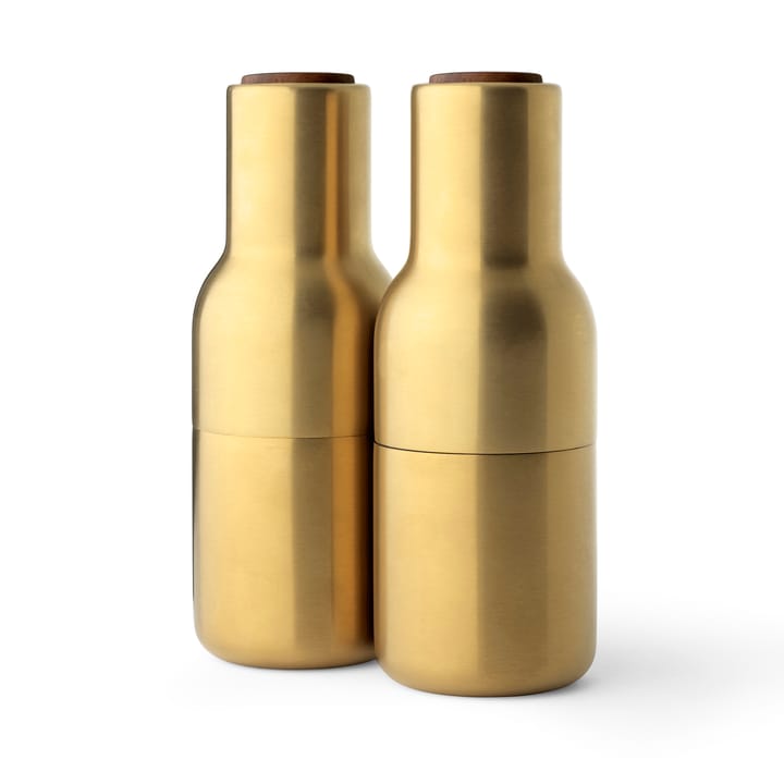 Bottle Grinder kruidenmolen metaal 2-pack - Brushed brass (deksel van walnoothout) - Audo Copenhagen