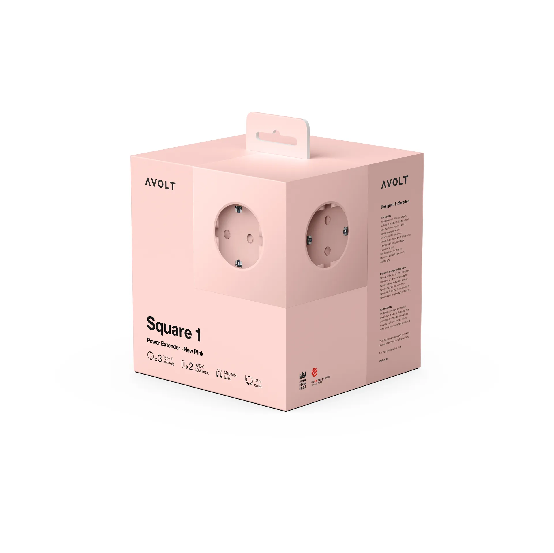 Square 1 stopcontact met USB-C 30W 1,8 m, Old Pink Avolt