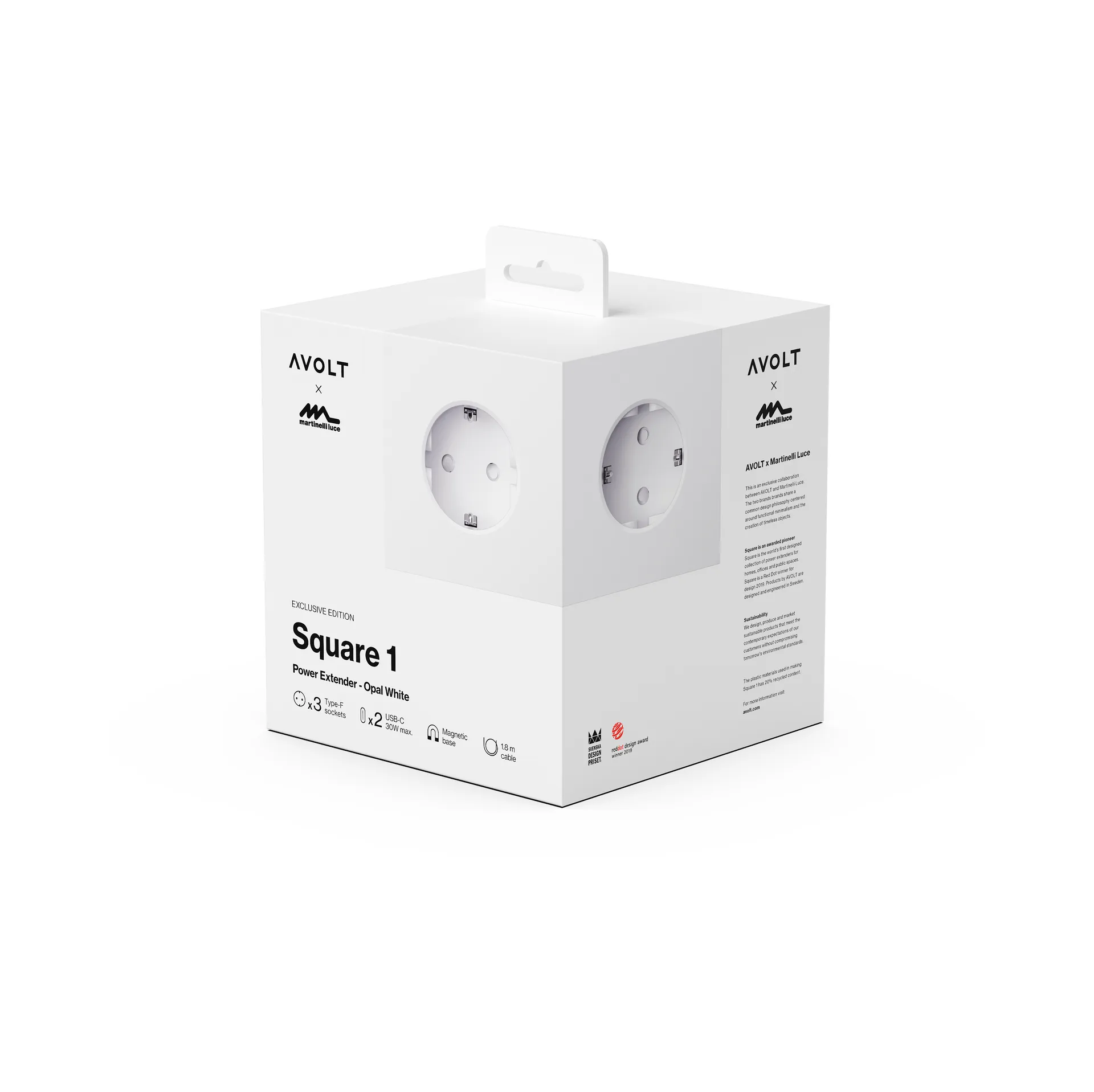 Square 1 stopcontact met USB-C 30W 1,8 m, White Martinelli Luce edition Avolt