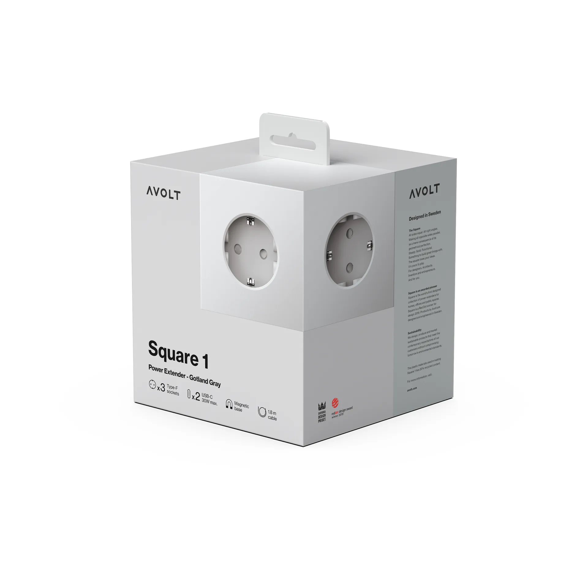 Square 1 stopcontact met USB-C 30W 3 m, Gotland Gray Avolt