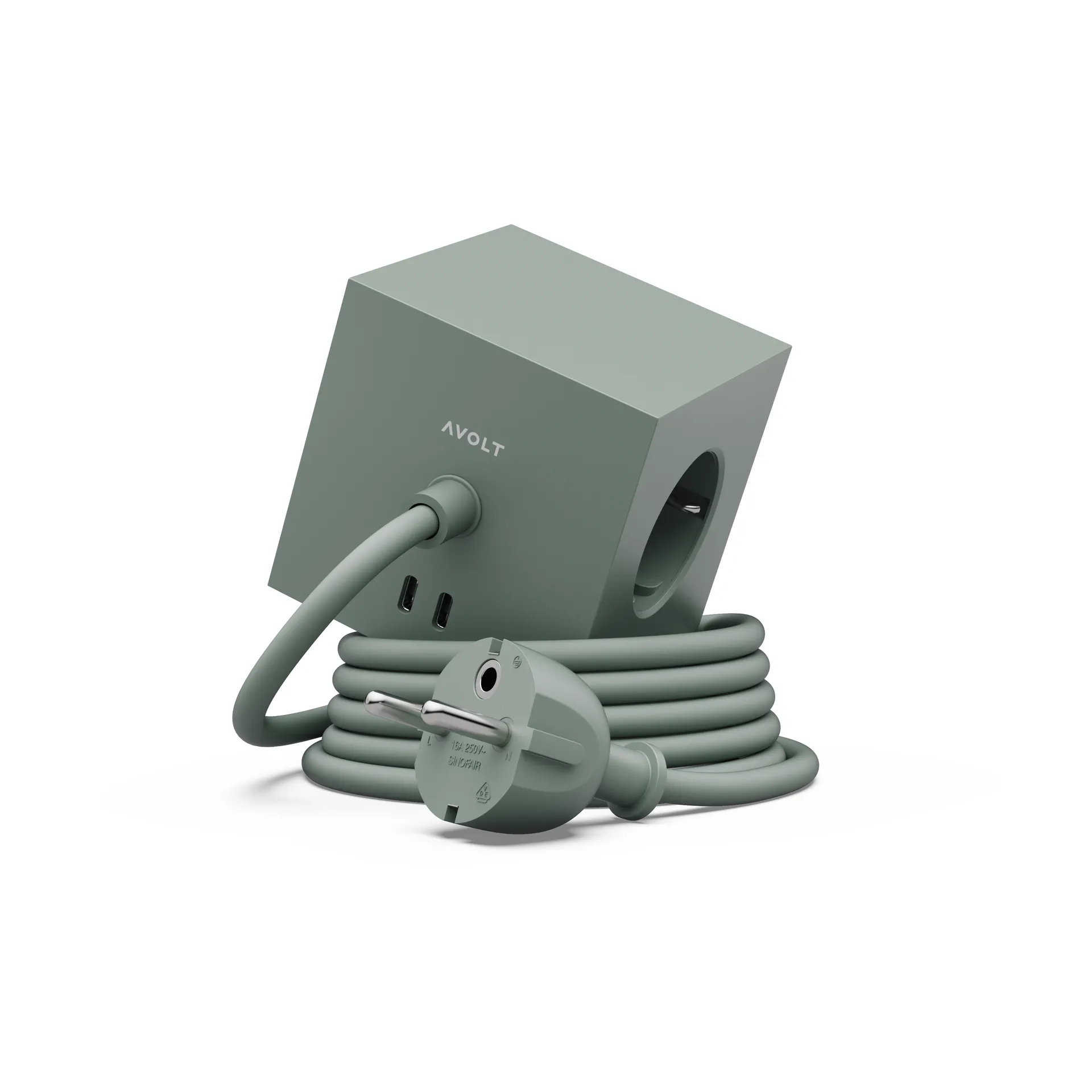 Square 1 stopcontact met USB-C 30W 3 m, Oak Green Avolt
