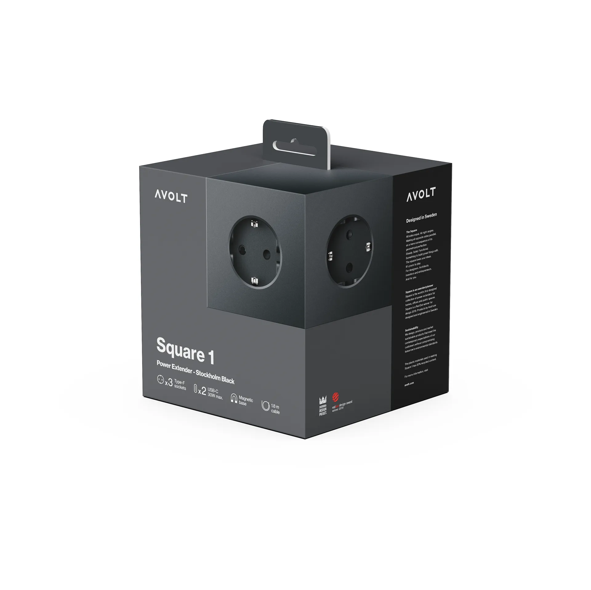 Square 1 stopcontact met USB-C 30W 3 m, Stockholm Black Avolt