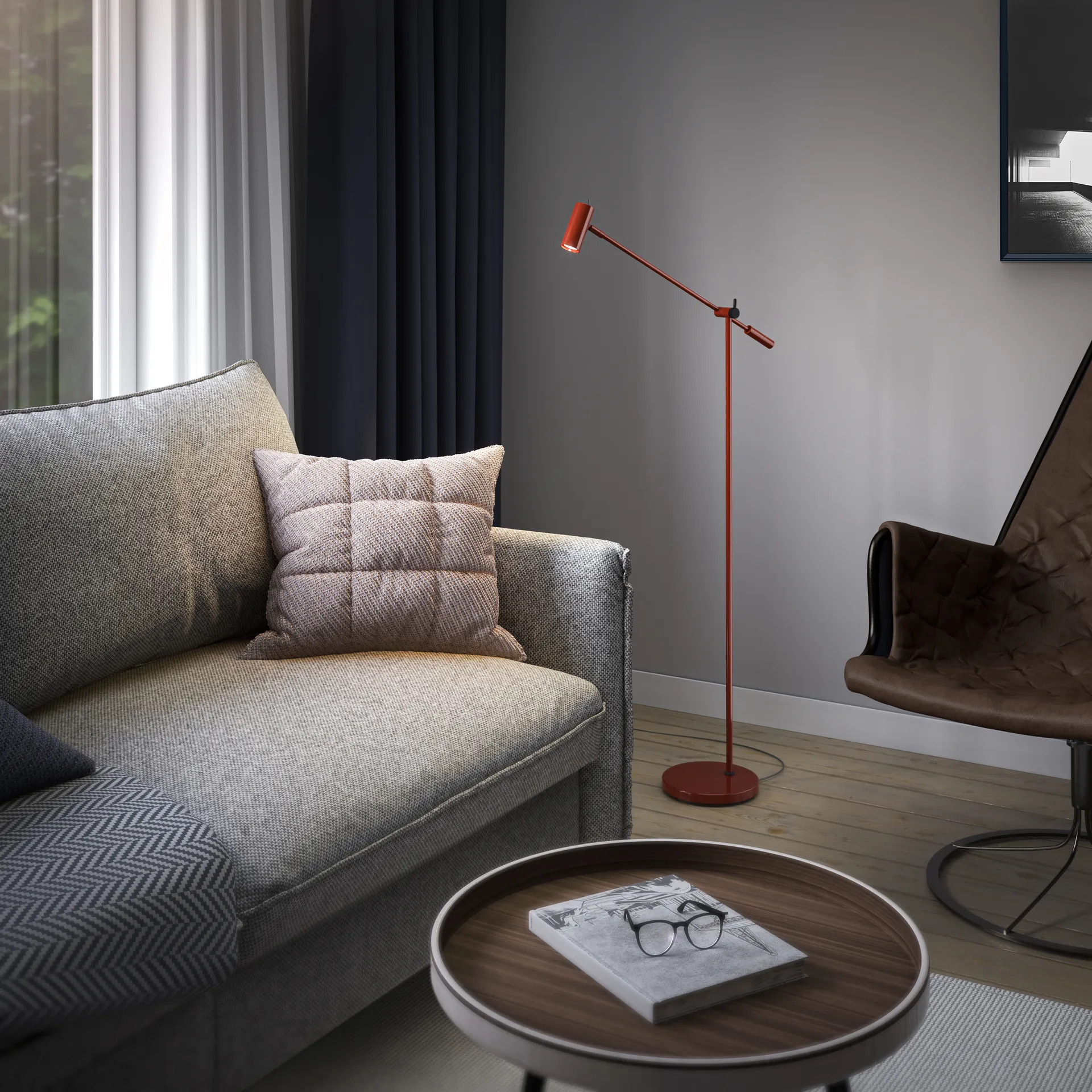 Cato vloerlamp 134 cm, Glanzend robijnrood-matzwart Belid