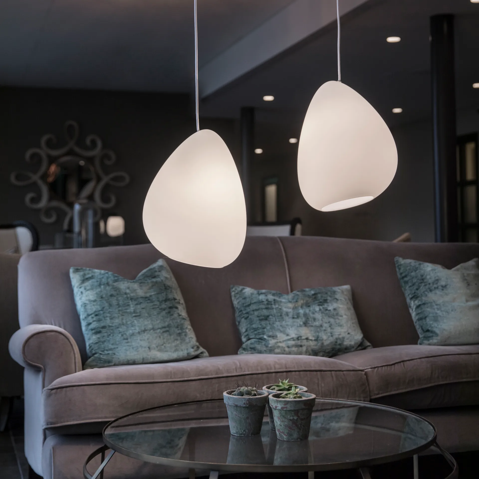 Ocean plafondlamp opaalglas, witte textielkabel Belid