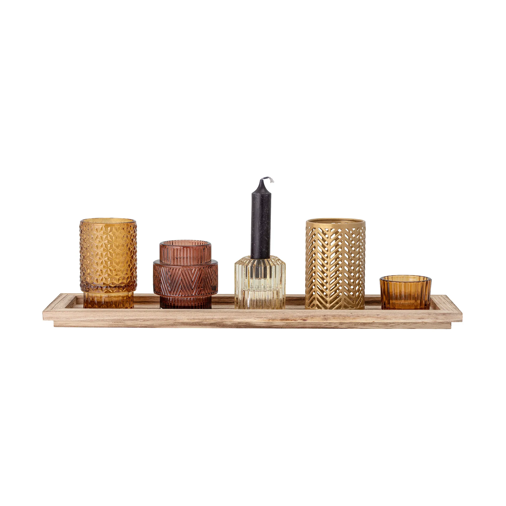 Sanga decoratieplateau met waxinelichtjeshouders 6-delig, Bruin Bloomingville