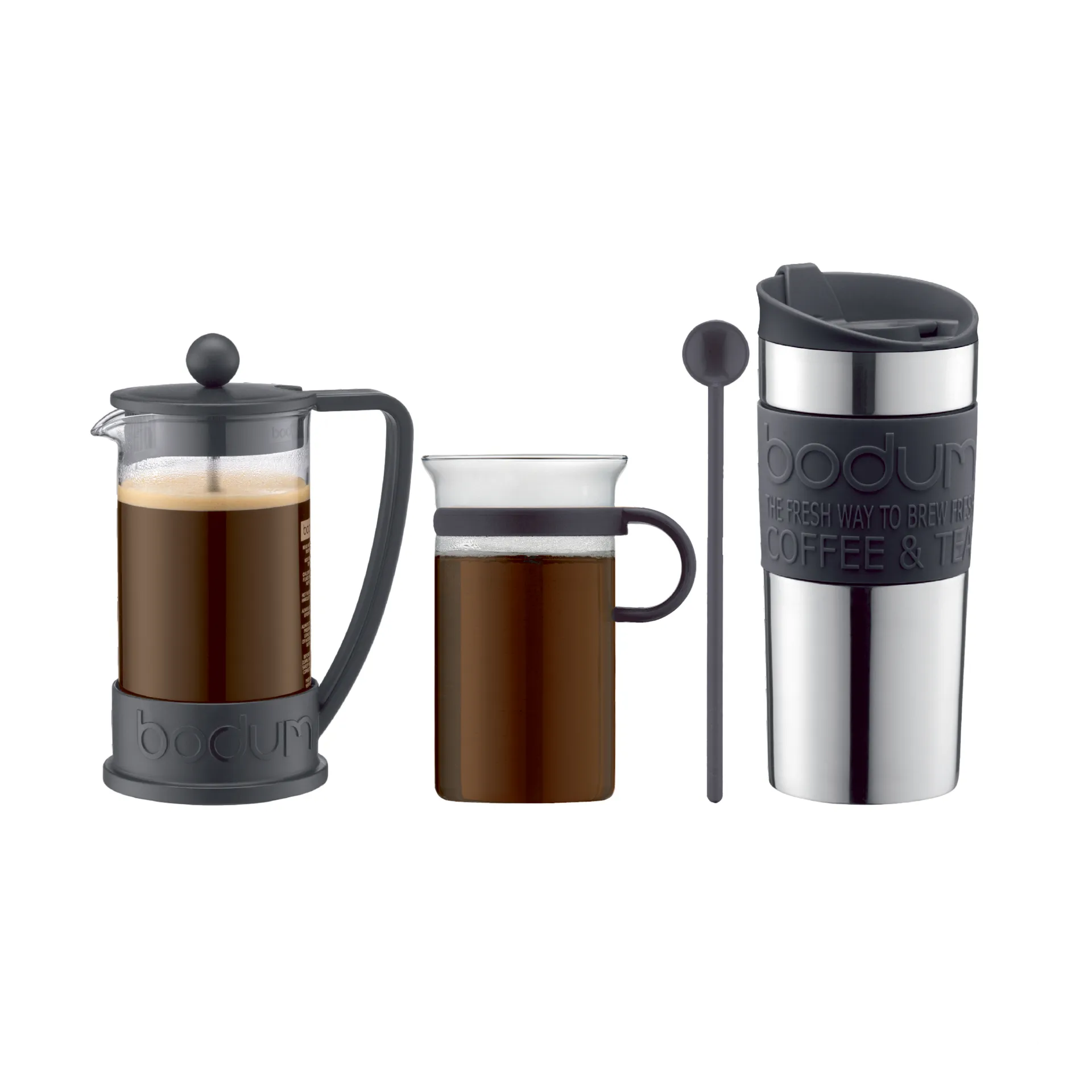 Koffieset met cafetière, kop, reismok en lepel, Zwart Bodum