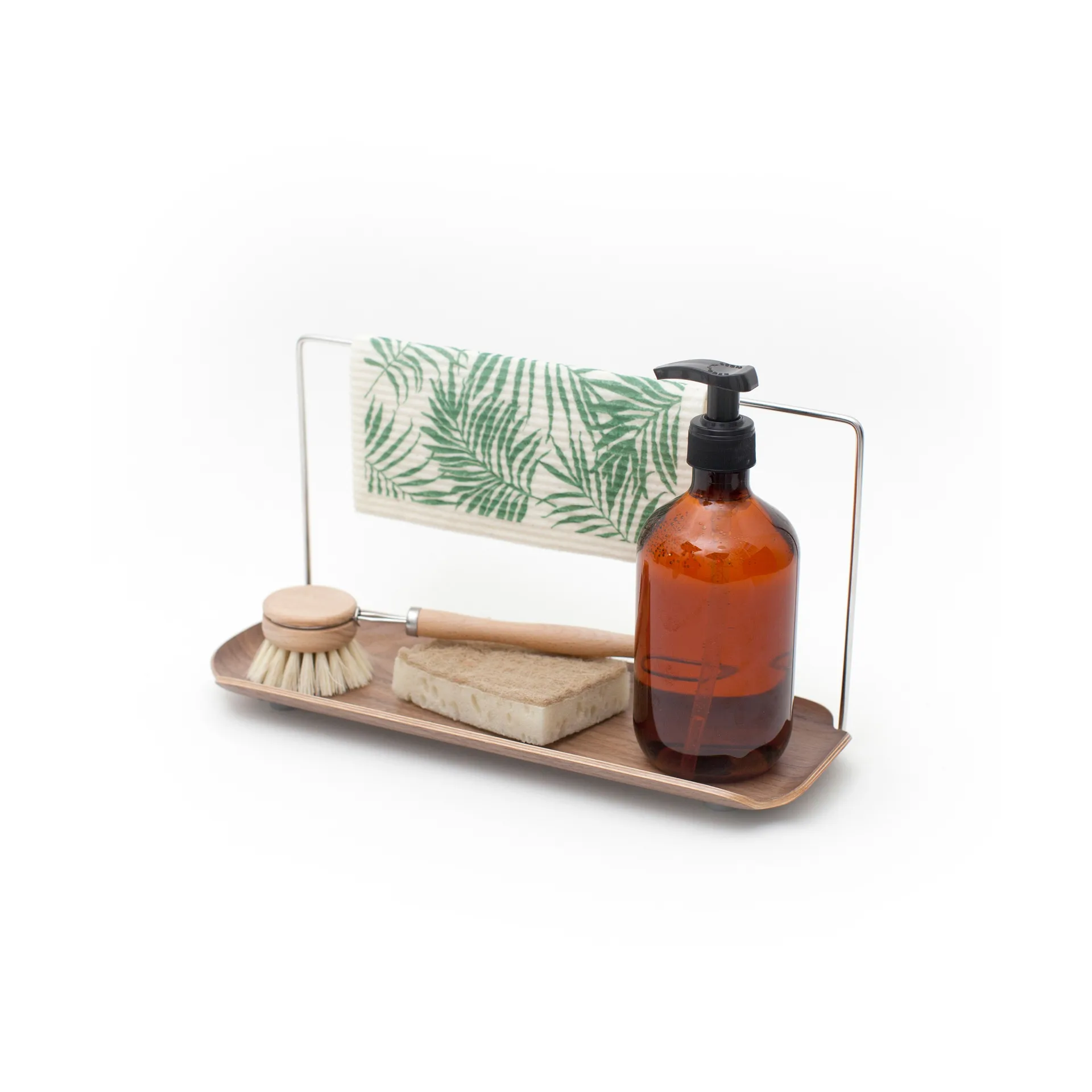 LEAF gootsteenorganiser met vaatdoekhanger, Walnoot-roestvrij staal Bosign