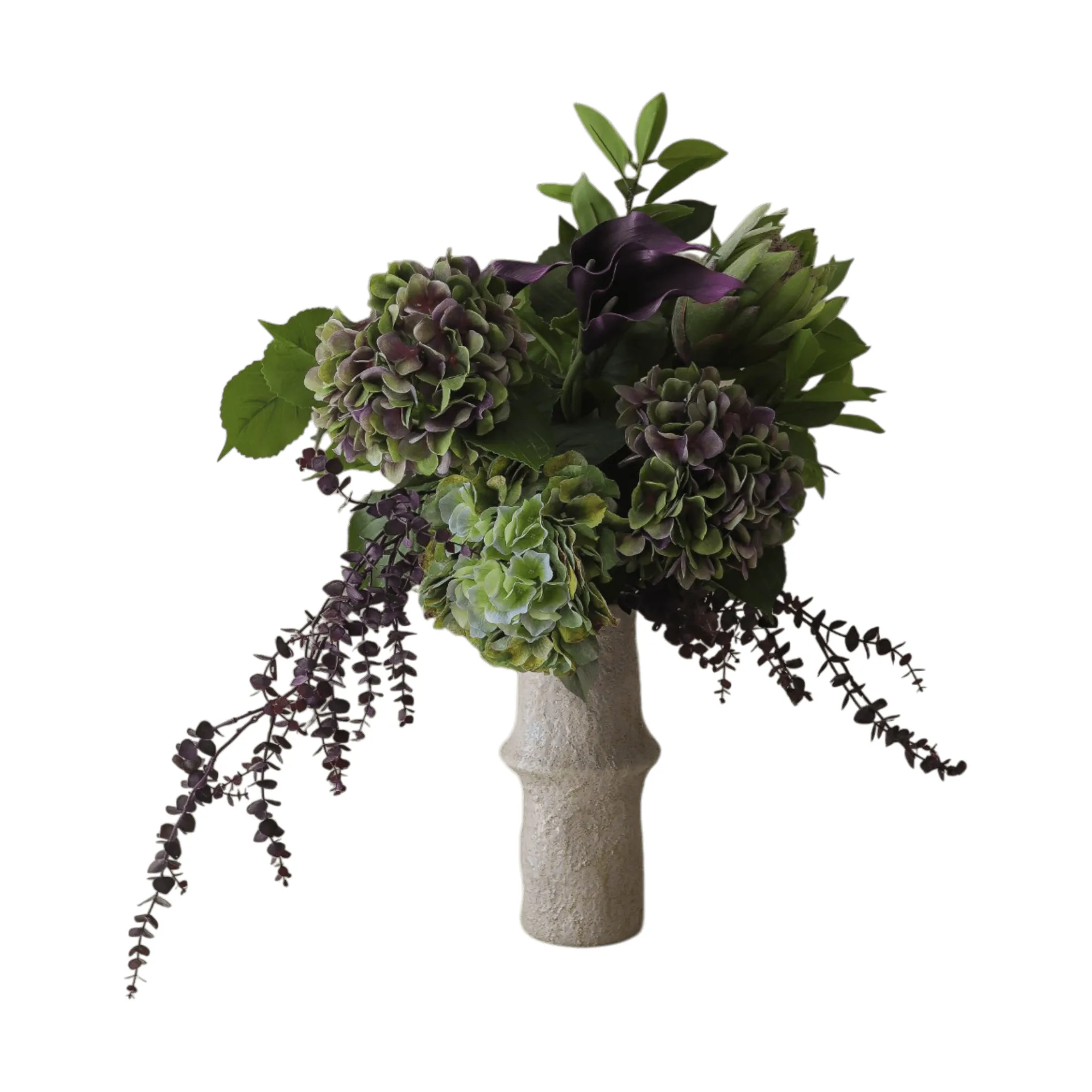 Aubergine Bloom kunstboeket, Calla-hortensia-koningsprotea, 106 cm, 12 stuks Botané