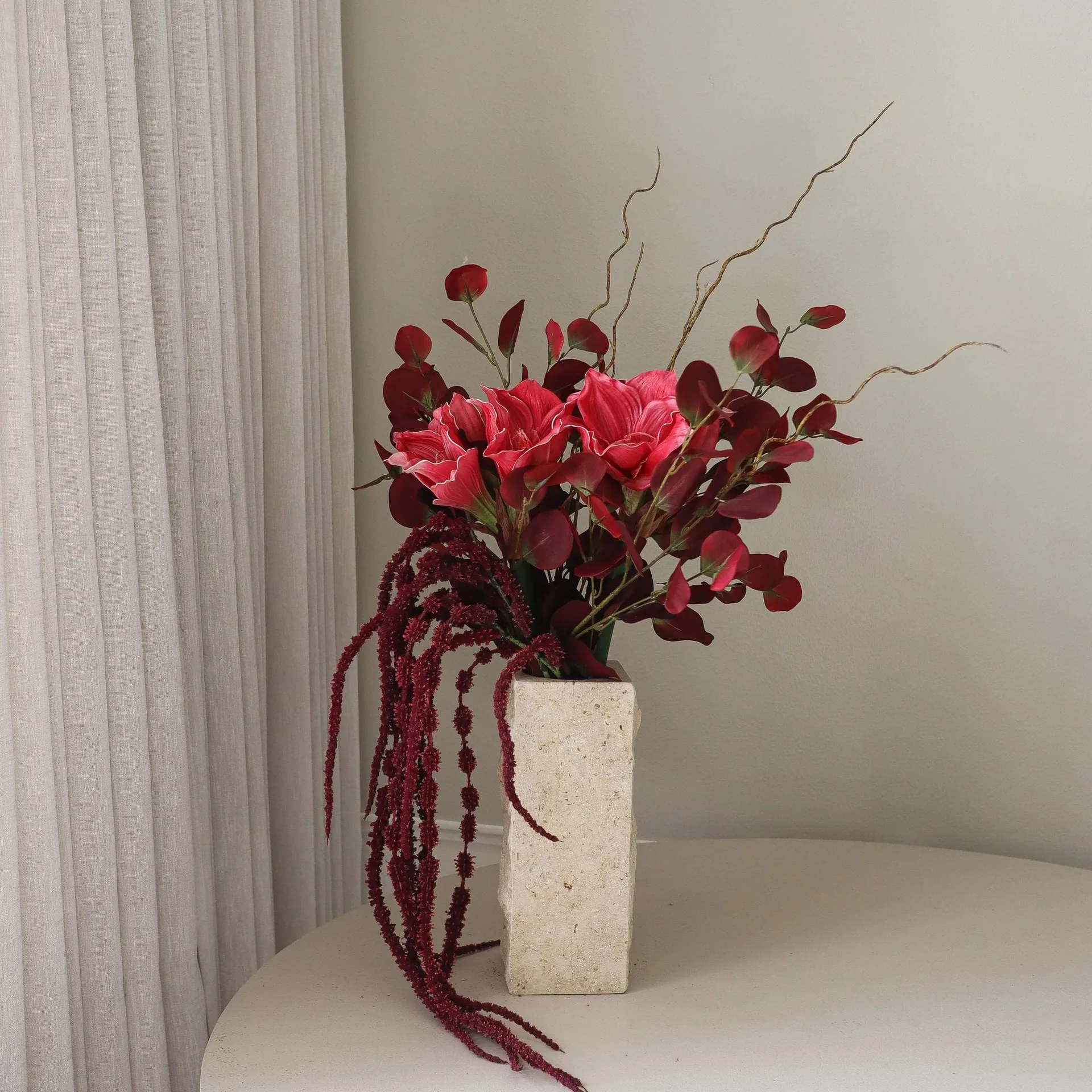 Deep bloom kunstboeket, Amaryllis, eucalyptus, amarant, takken, 120 cm Botané
