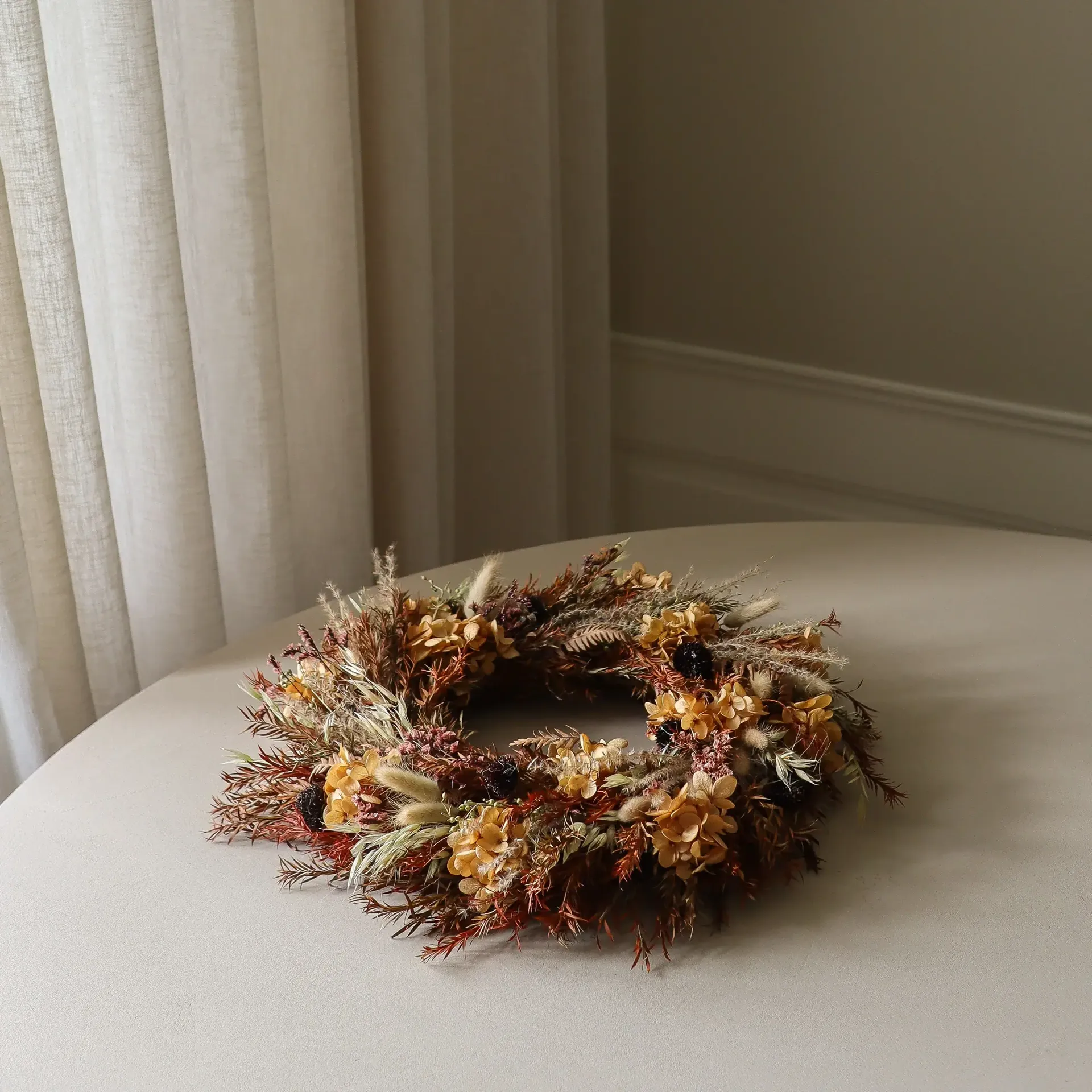 Golden Meadow Wreath krans, hortensia-gedroogd gras-var-haasoren, Ø40 cm Botané