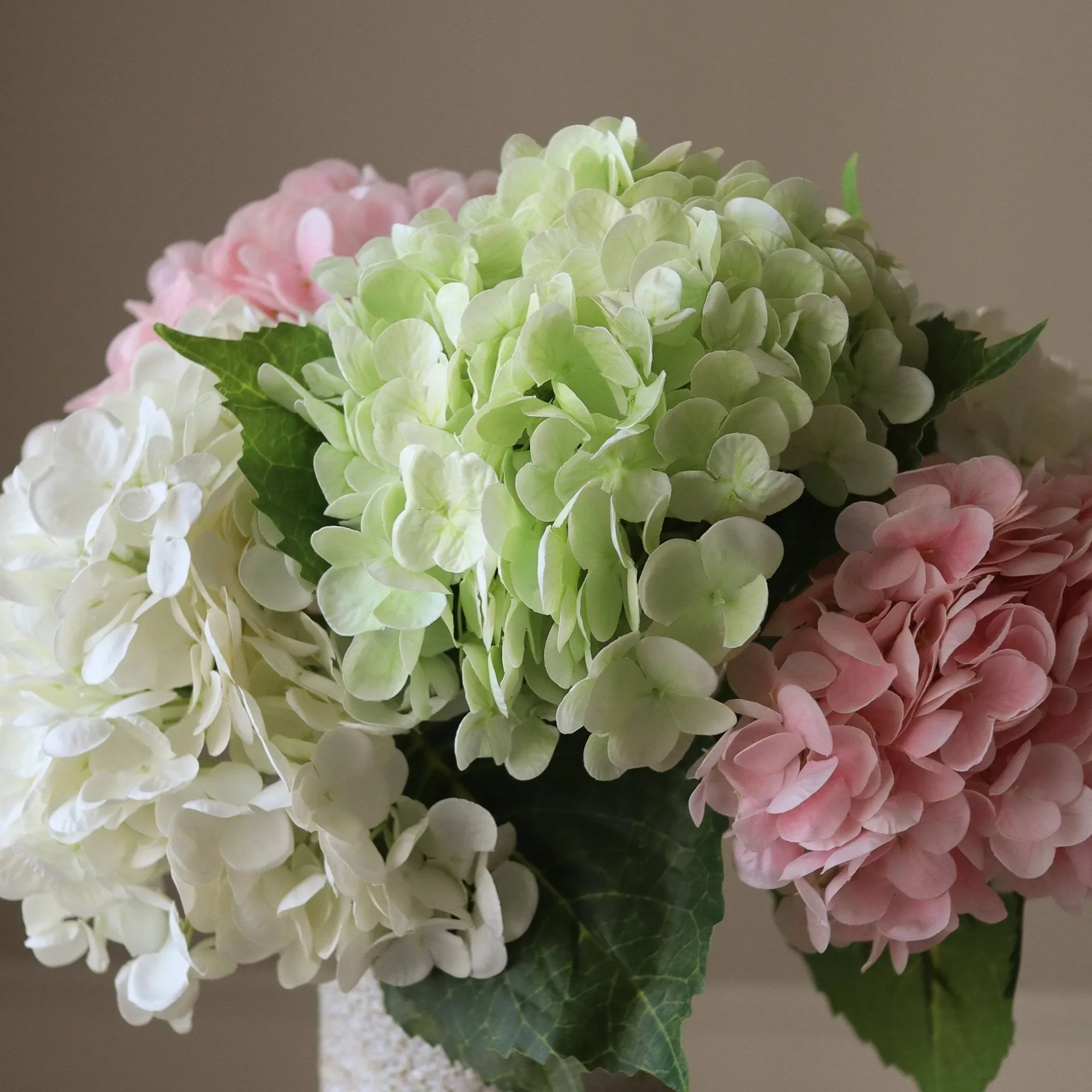 Hortensia kunstboeket, Roze-wit-groen, 7 st. Botané