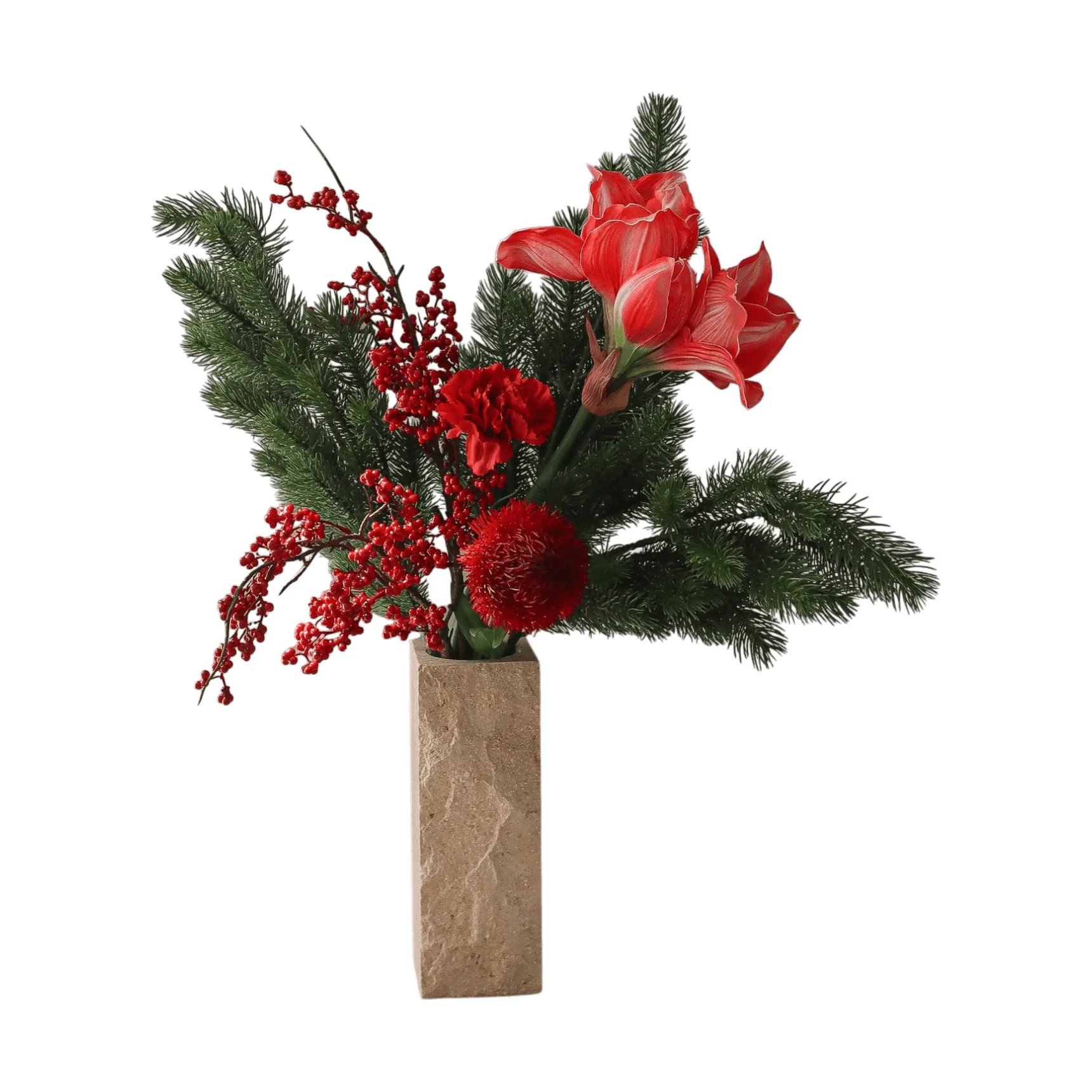Red spritz kunstboeket, Amaryllis, anjer, bessen­takken, dennentakken, 72 cm Botané