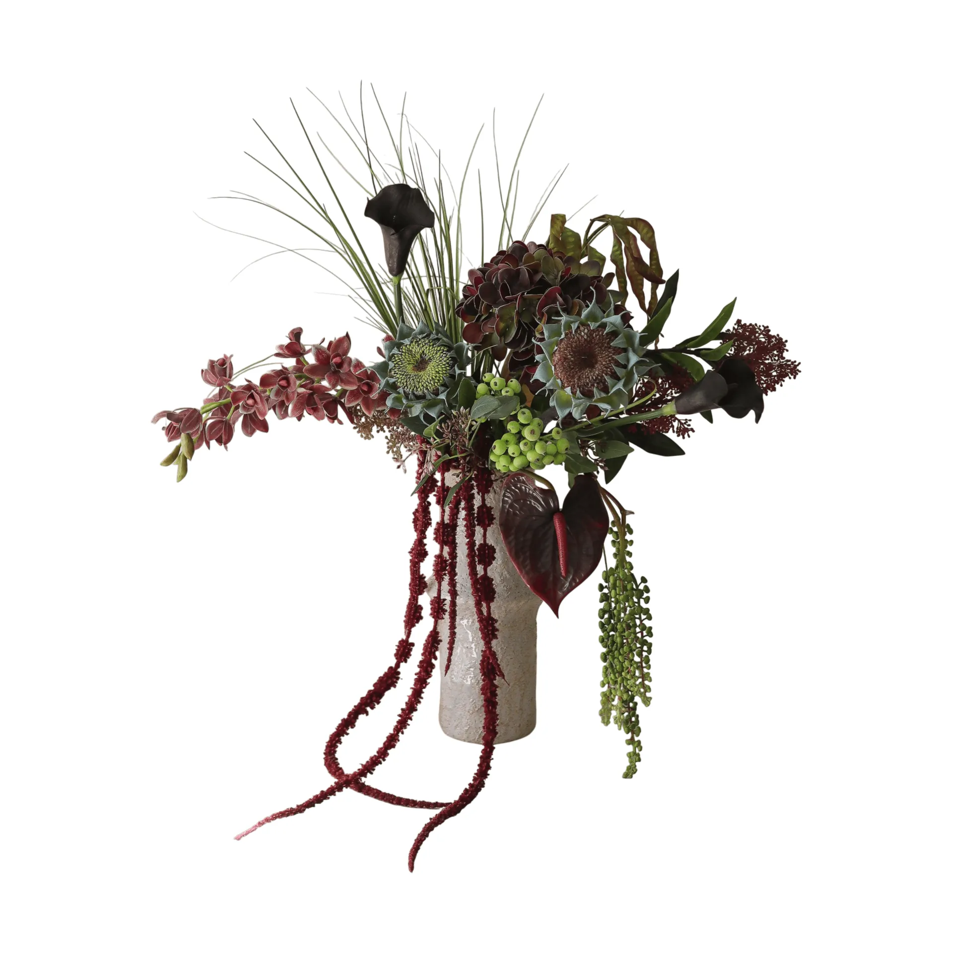 Woodland Nocturne kunstboeket, Calla-anthurium-hortensia-herfstzonnebloem, 112 cm, 14 st Botané