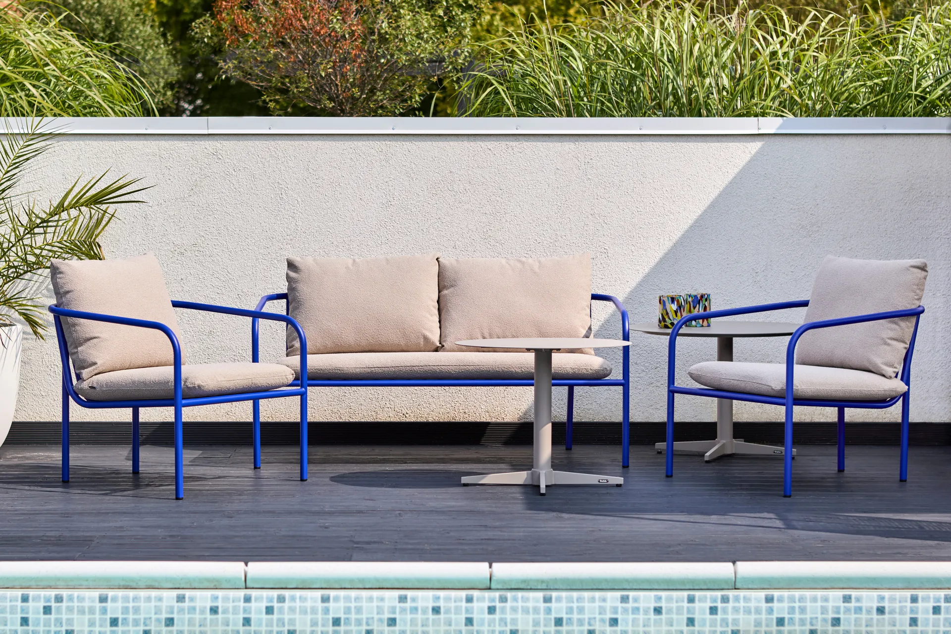 Bendt loungestoel, Teddy beige-indigo blue Brafab