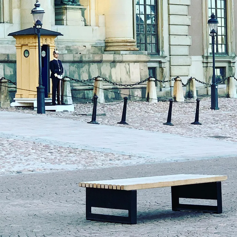 Block bank, Mahonie, breed, onbewerkt aluminium frame Byarums bruk