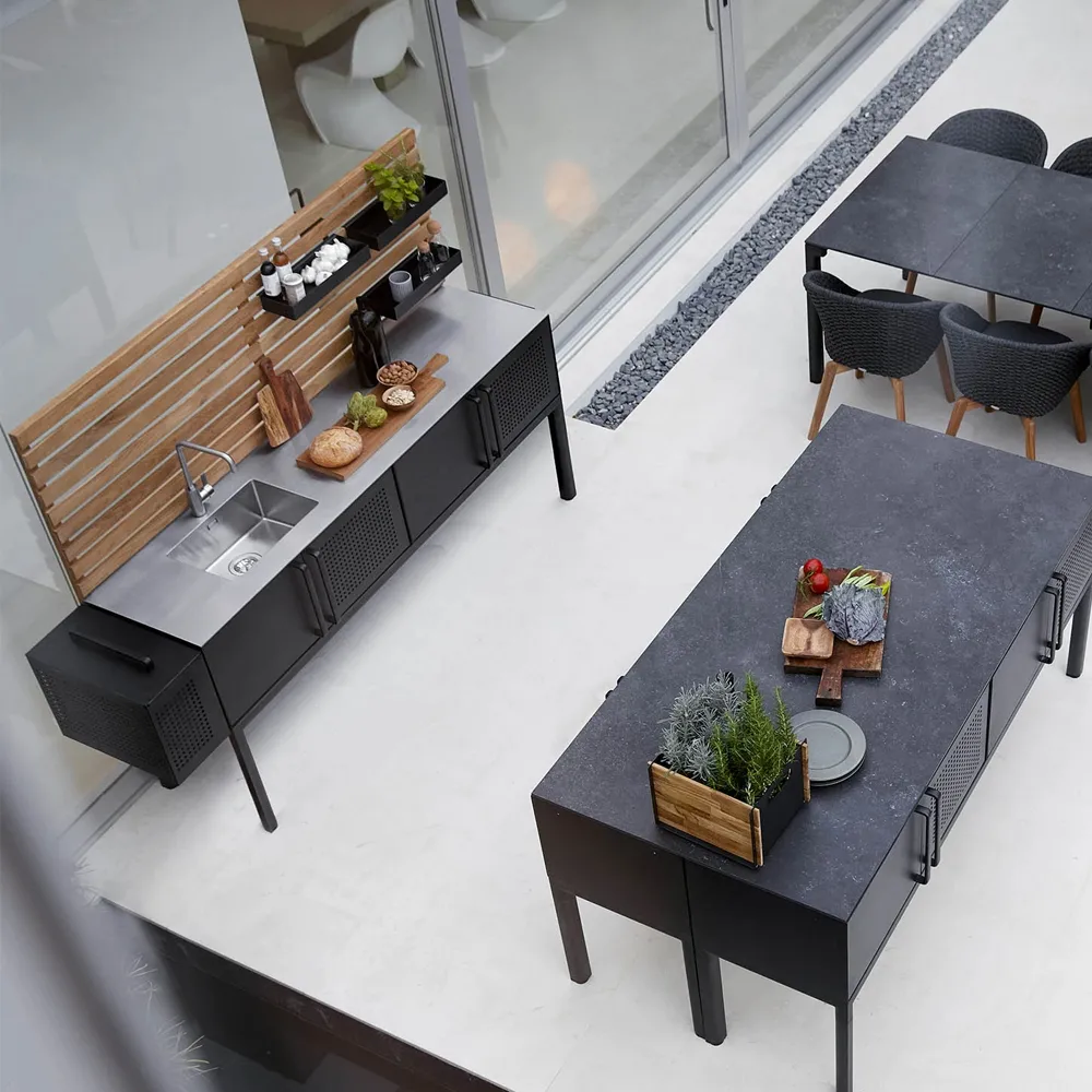  Drop Buitenkeuken, Lava grey, incl. goortseen en kraan & teakwand Cane-line