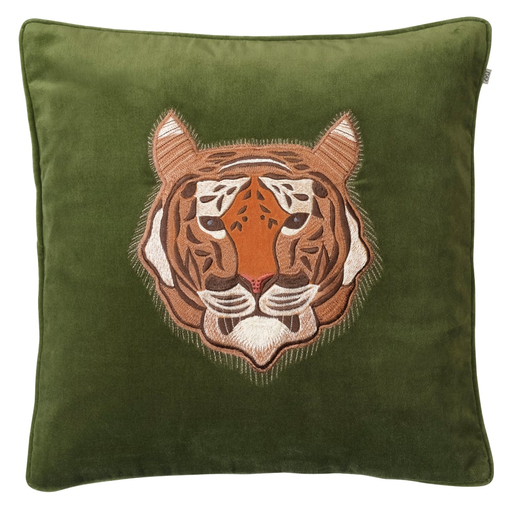 Chhatwal & Jonsson Kussenhoes met geborduurde tijger, 50x50 cm Cactusgroen