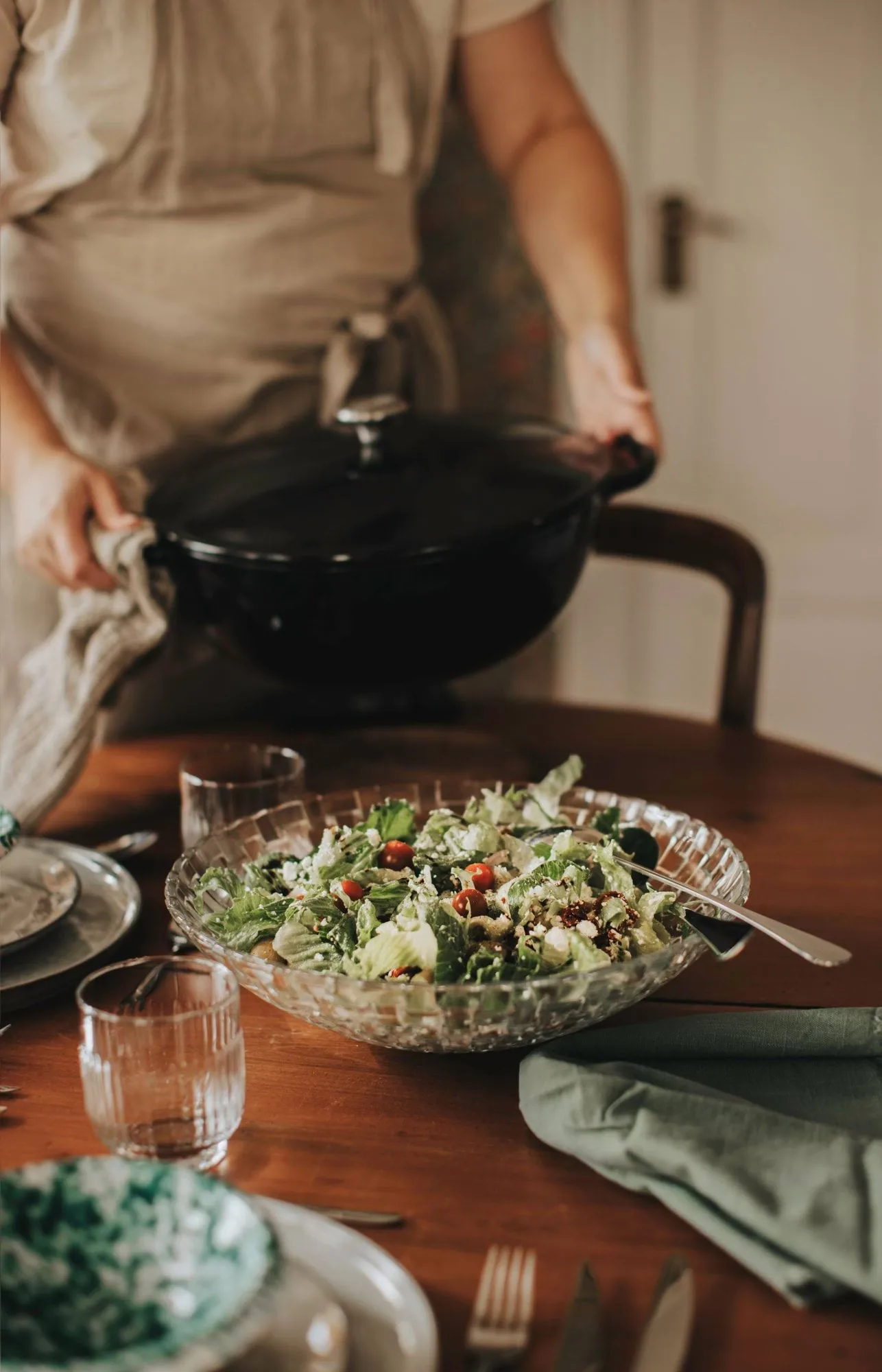 Glitter salade-kommenset, Glas-roestvrij staal, 3 delen Dorre