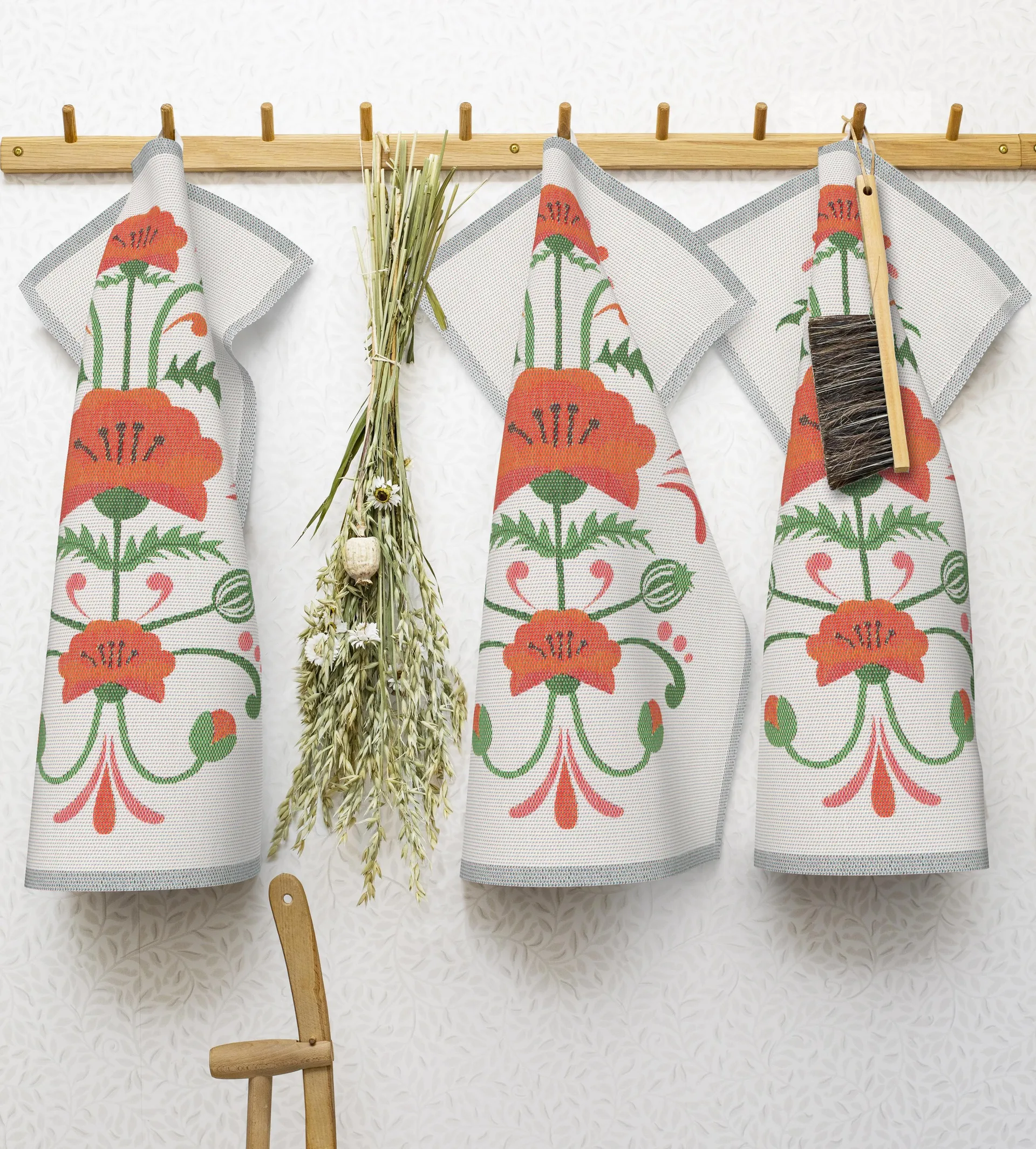 Lindas vallmo keukenhanddoek 40x60 cm, Oranje-grijs Ekelund Linneväveri