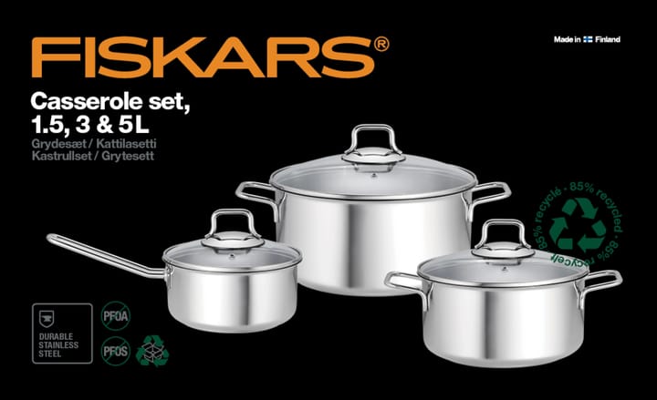 Fiskars braad- & steelpannenset met glazen deksels 3-delig - Roestvrij staal - Fiskars