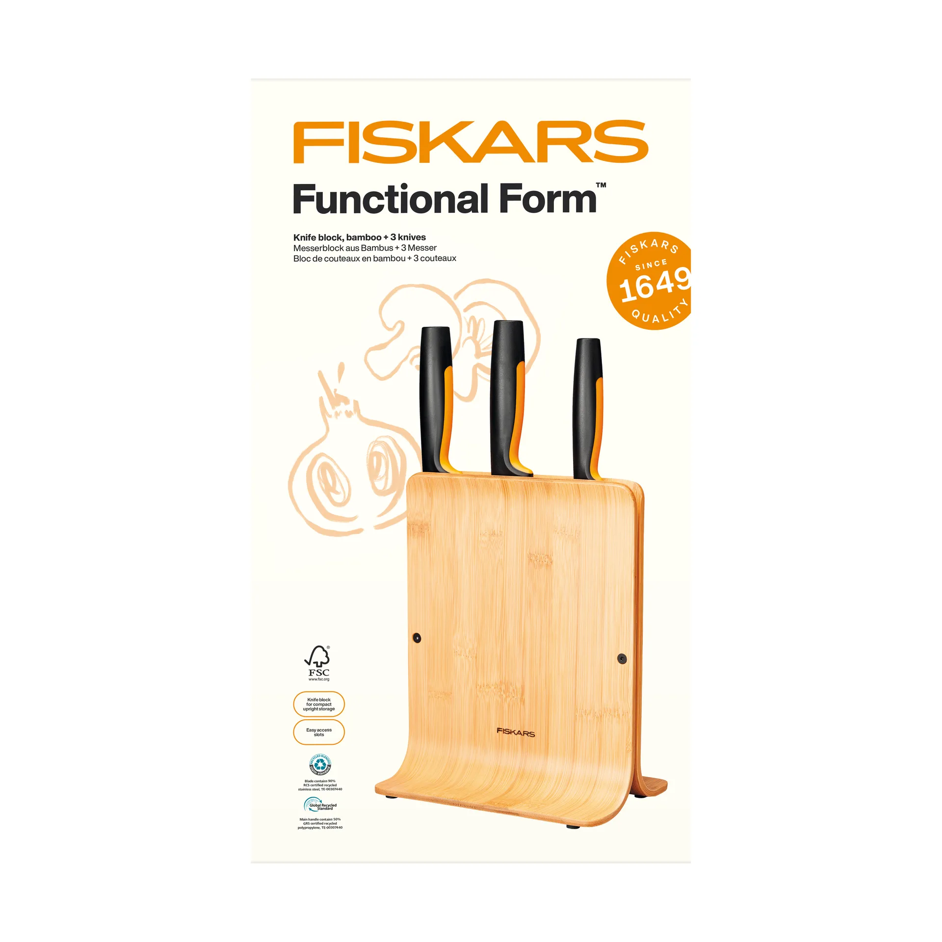 Functional Form messenset met messenblok, bamboe, 4 delen Fiskars