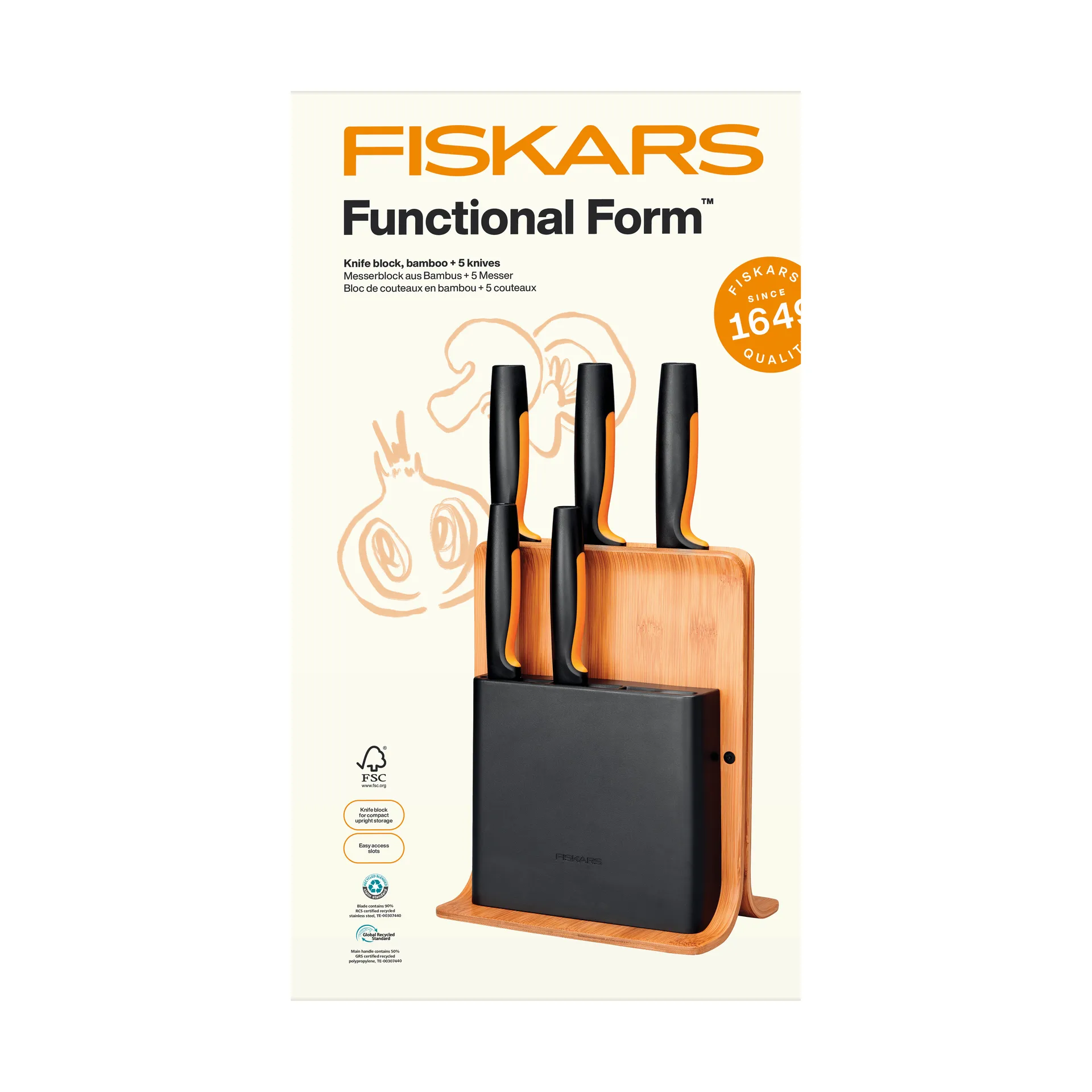 Functional Form messenset met messenblok, bamboe, 6 delig Fiskars
