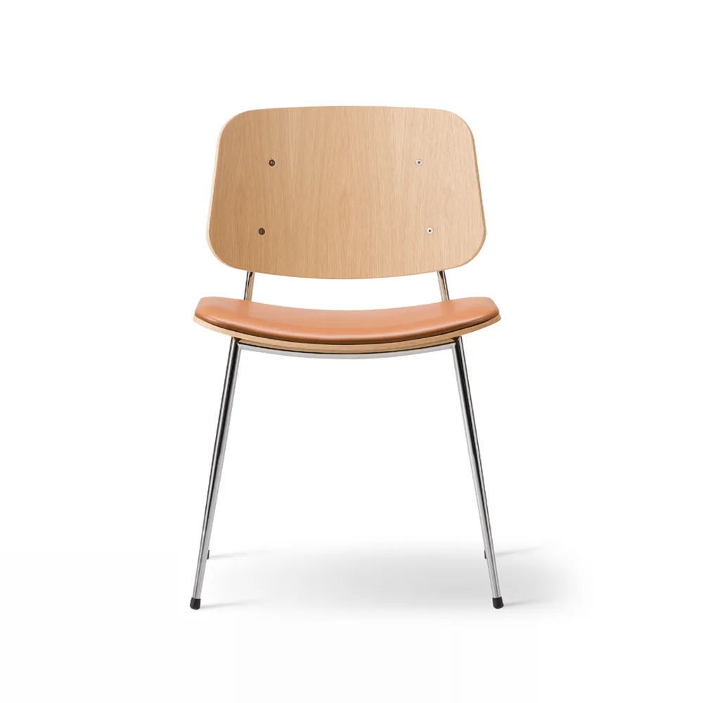 Søborg 3061 metalen stoel beklede zitting, Leer Omni cognac – chromen frame Fredericia Furniture