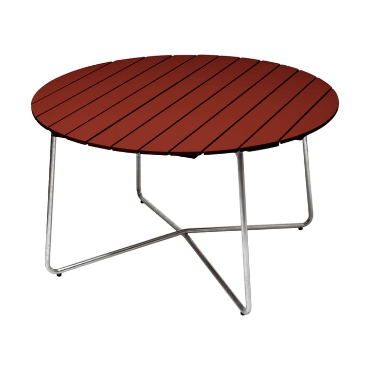 9A eettafel - Dark red lacquered oak-galvanized base, Ø120 cm - Grythyttan stalen meubelen