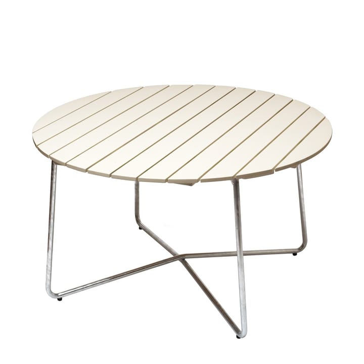 9A eettafel - Witgelakte eiken-verzinkt frame Ø120 cm - Grythyttan stalen meubelen