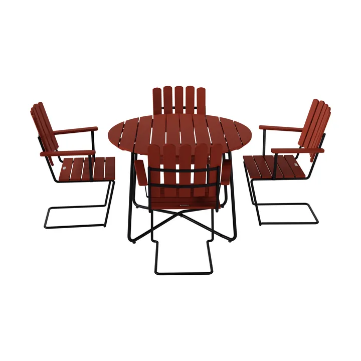 9A eettafel Ø100 cm + 4 A2 fauteuils, donkerrood eiken-zwart onderstel - Grythyttan Stålmöbler